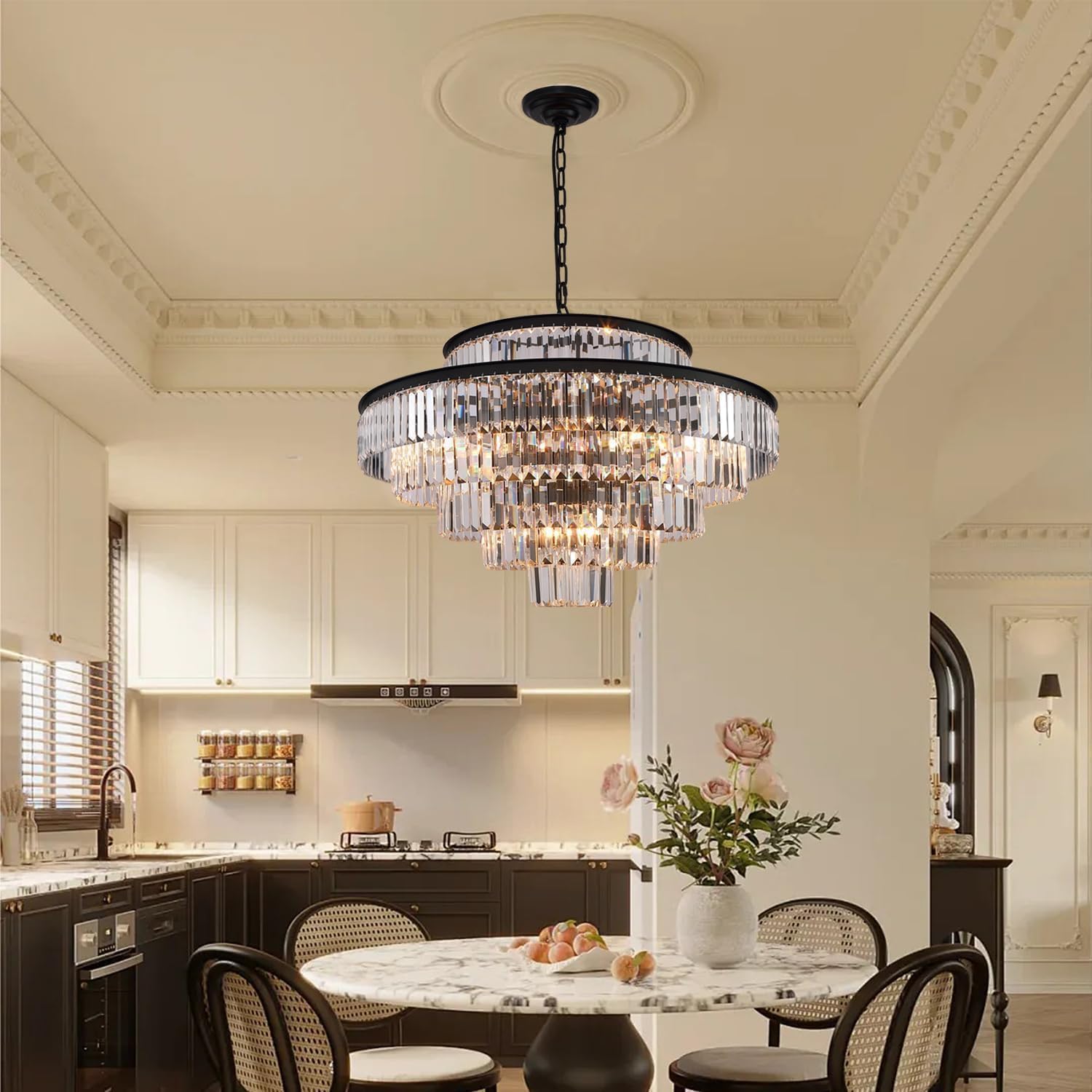 Crystal Chandelier Black Large 6-Tier Chandeliers Lighting Fixture for Bedroom Living Room Foyer Hallway 17-Lights (Dia 31 Inch)