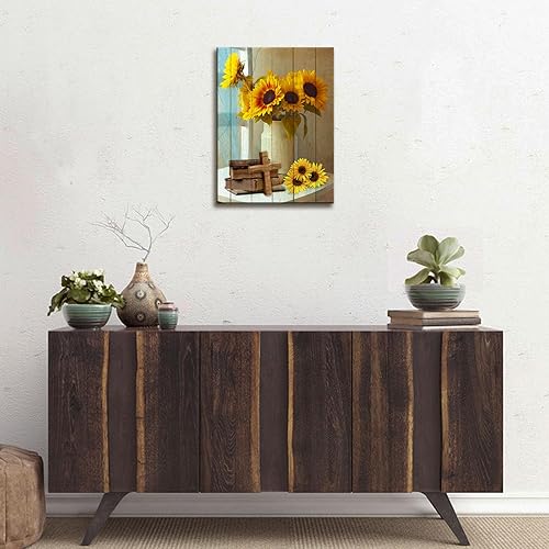 Miniatura 5 de Typruye Lienzo decorativo para pared, diseño de girasoles, símbolo de cruz de madera, inspirador, decoración del hogar para sala de estar,