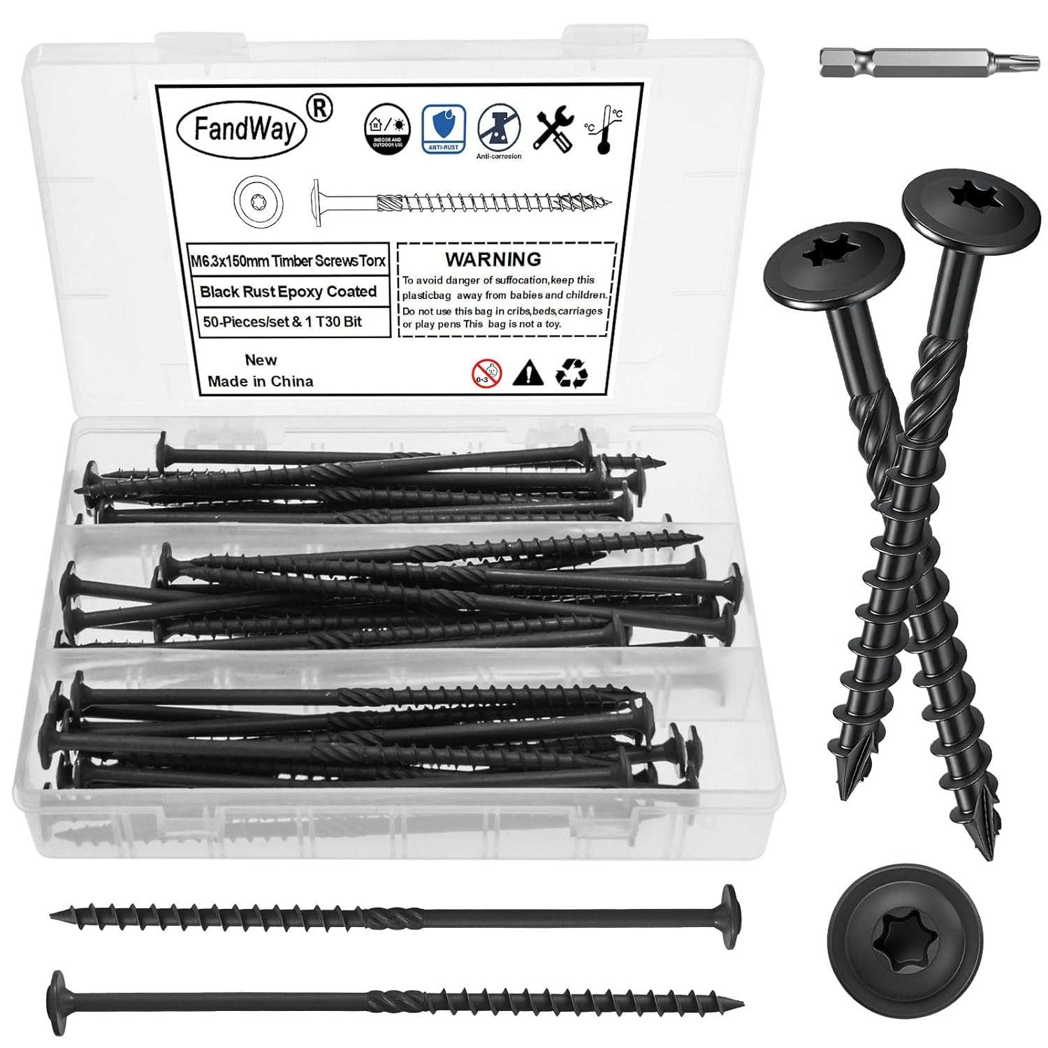 50 Pcs Timber Screws,6.3x150mm Heavy Duty Structural Wood Screws,Torx Wafer Head Fixing Deck Screw,Rust Epoxy Coated With T30 Star Bits for Outdoor Log Landscape Frame Construction (Black).