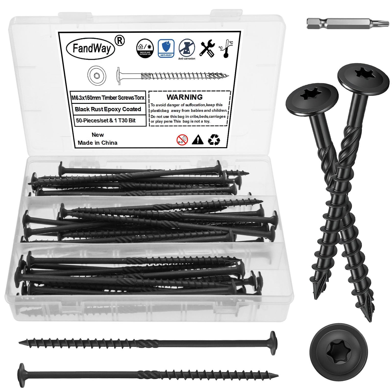 FandWay 50 Pcs Timber Screws,6.3x150mm Heavy Duty Structural Wood Screws,Torx Wafer Head Fixing Deck Screw,Rust Epoxy Coated With T30 Star Bits for Outdoor Log Landscape Frame Construction (Black).