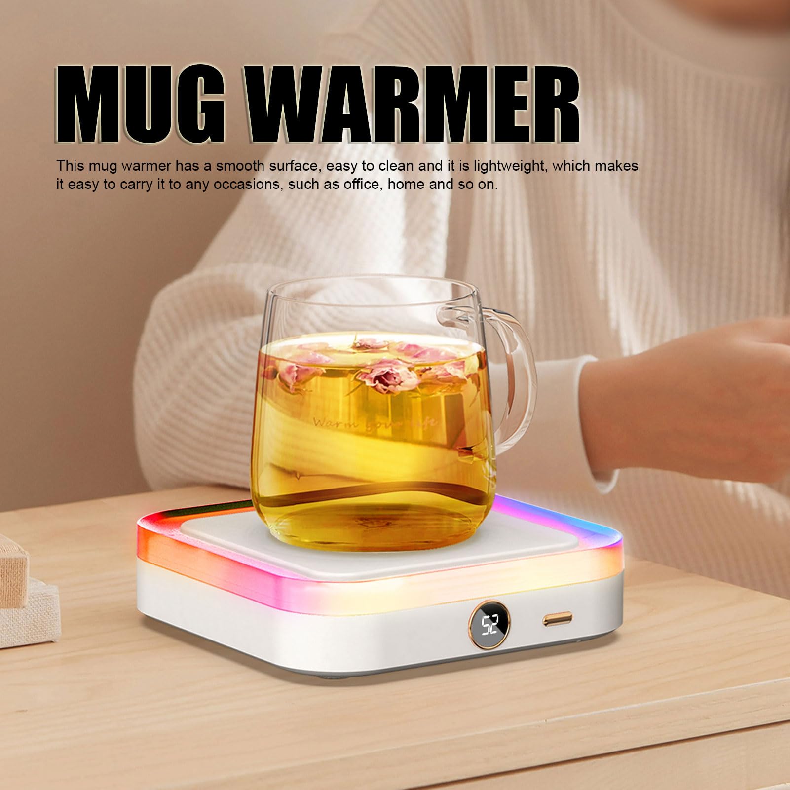 Depisuta Coffee Mug Warmer, 3 Temperature Settings Cordless USB Rechargable Smart Cup Warmer with Lights Universal Portable Electric Beverage Heating Plate for Milk Tea Hot Chocolate