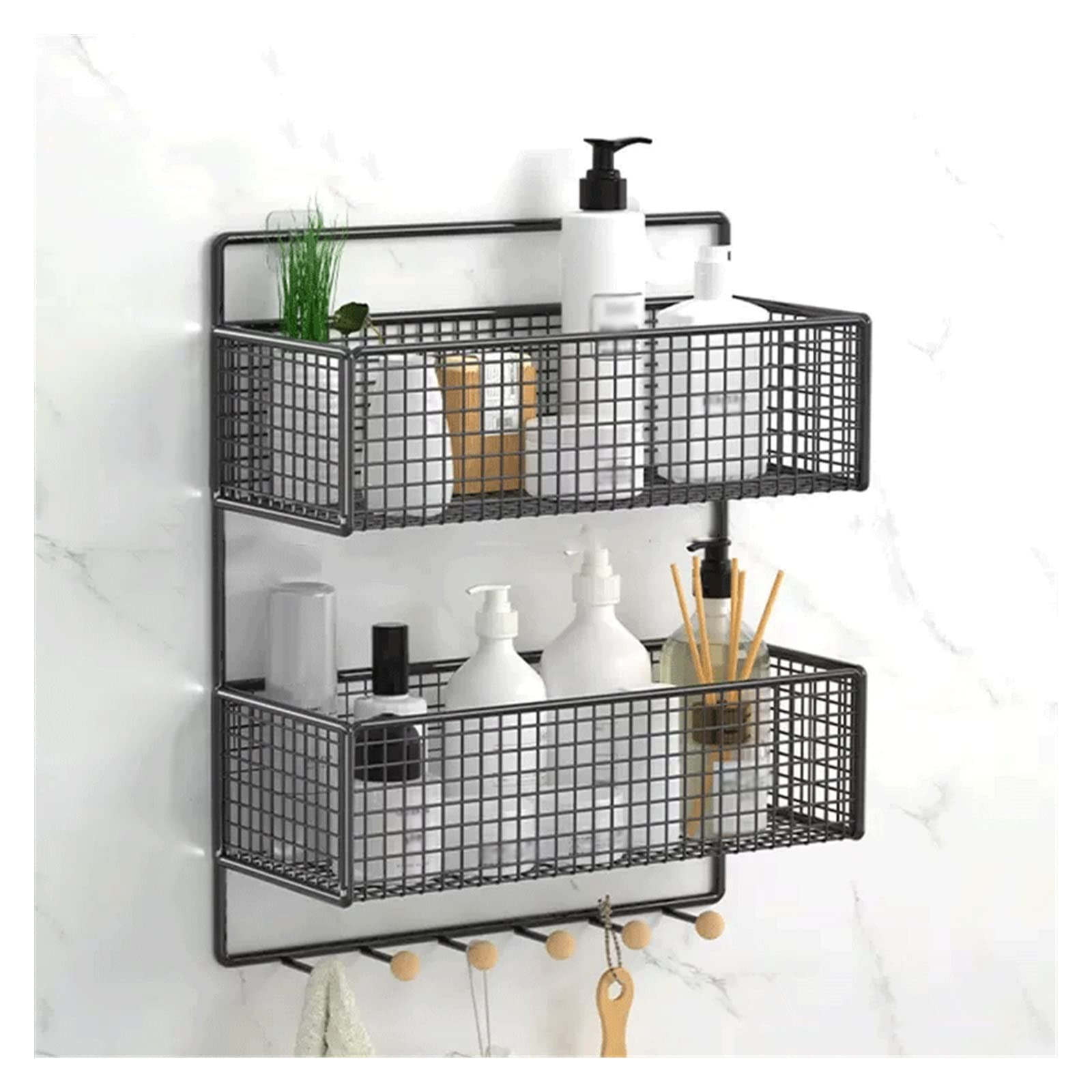 TENGJU Bathroom Storage Shelves Toilet Storage Rack Double Layer Metal toiletries Storage Rack with Hook Wall Mounted Metal