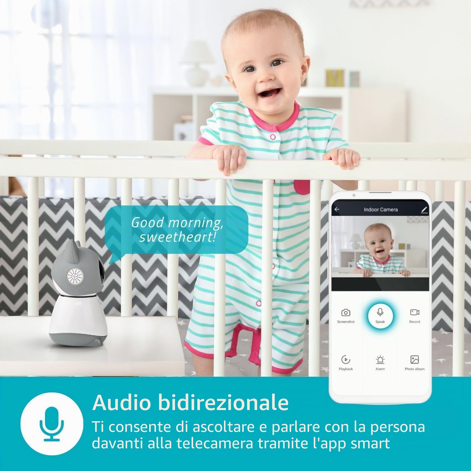 Telecamera interna SmartLife - Wi-Fi - Full HD 1080p - Controllo Pan-tilt PTZ - Cloud Storage (opzionale) / microSD (non inclusa) - Con sensore di movimento - Visione notturna - Bianco/Grigio