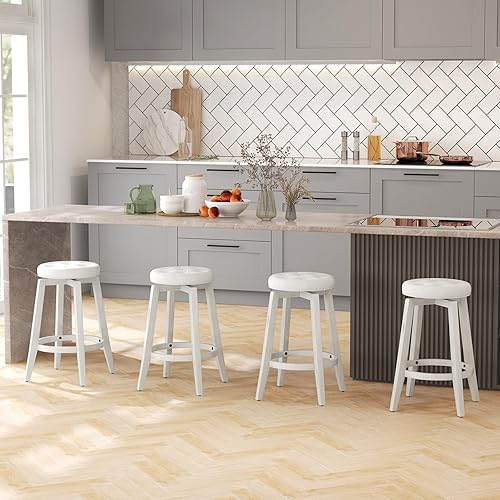 Miniatura 4 de COSTWAY Juego de 4 taburetes de bar giratorios de 360, sillas de bar tapizadas de madera de goma vintage de 26 pulgadas de altura con reposapiés,