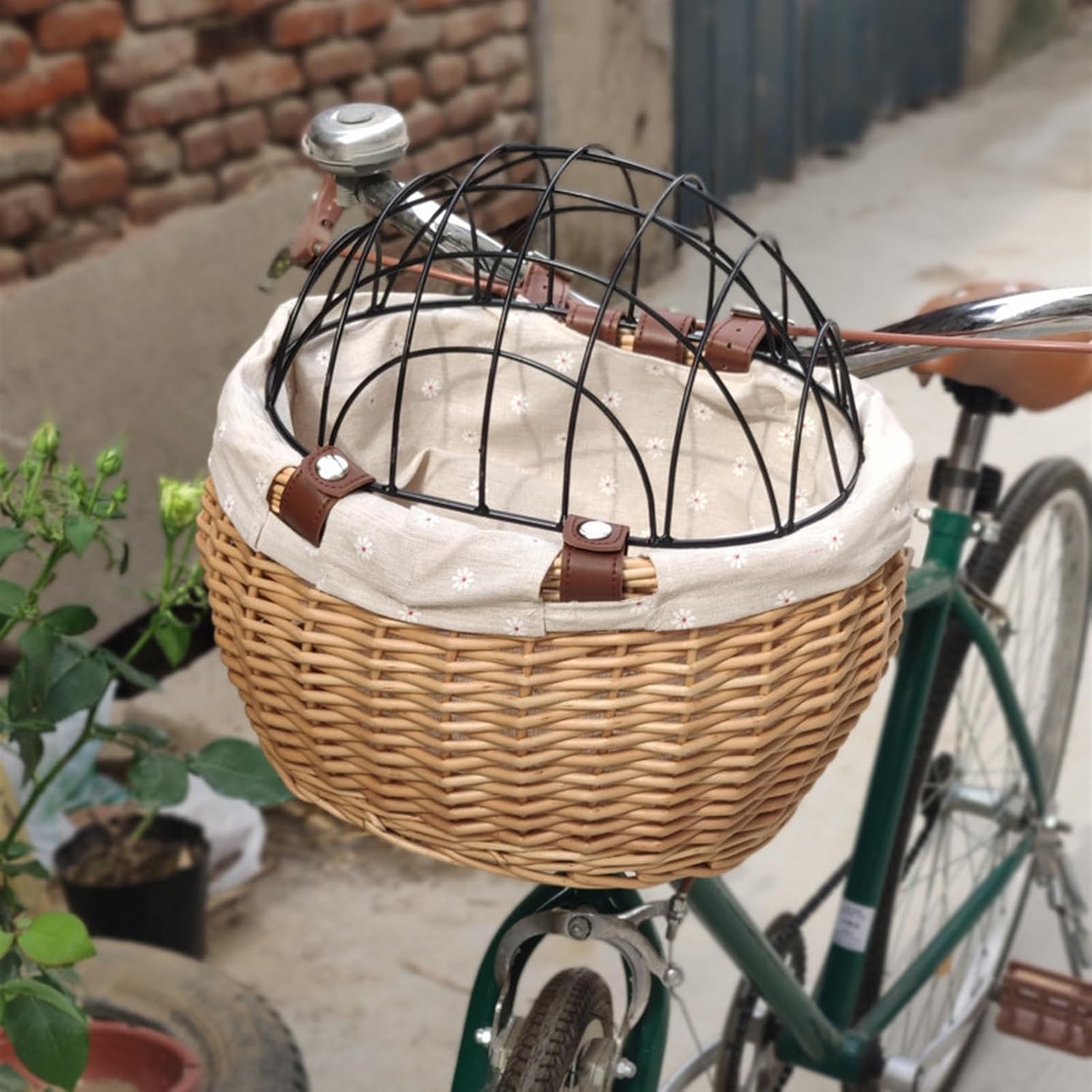 Rattan Storage Basket with Lid, Woven Bike Pet | Adjustable Woven Basket with Adjustable Belt, Woven Rattan Storage Bike Basket, Fasten Strap,