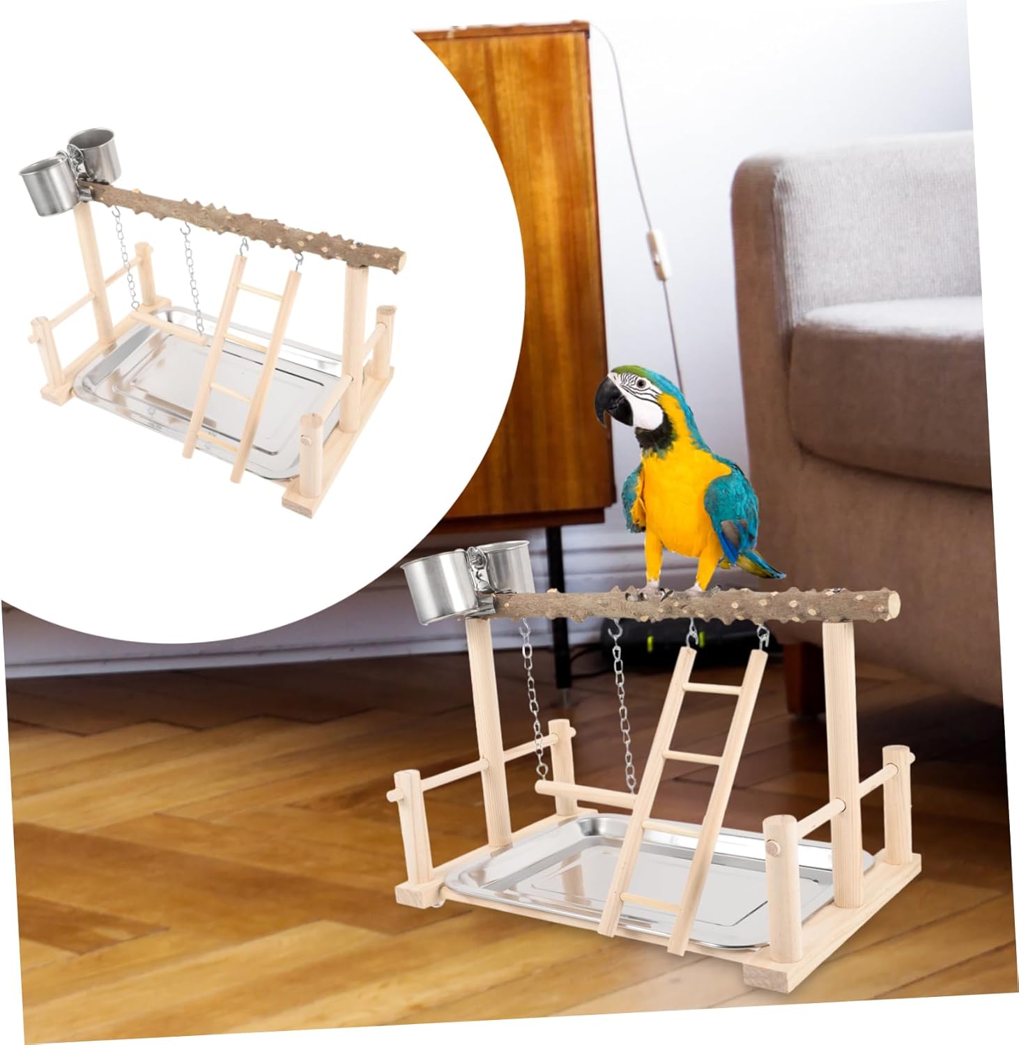 Yardwe Natural Wood Parrot Perch Stand with Swing Ladder Interactive Bird Play Platform for Parrots Parakeets and Cockatiels Safe Durable Easy to Install