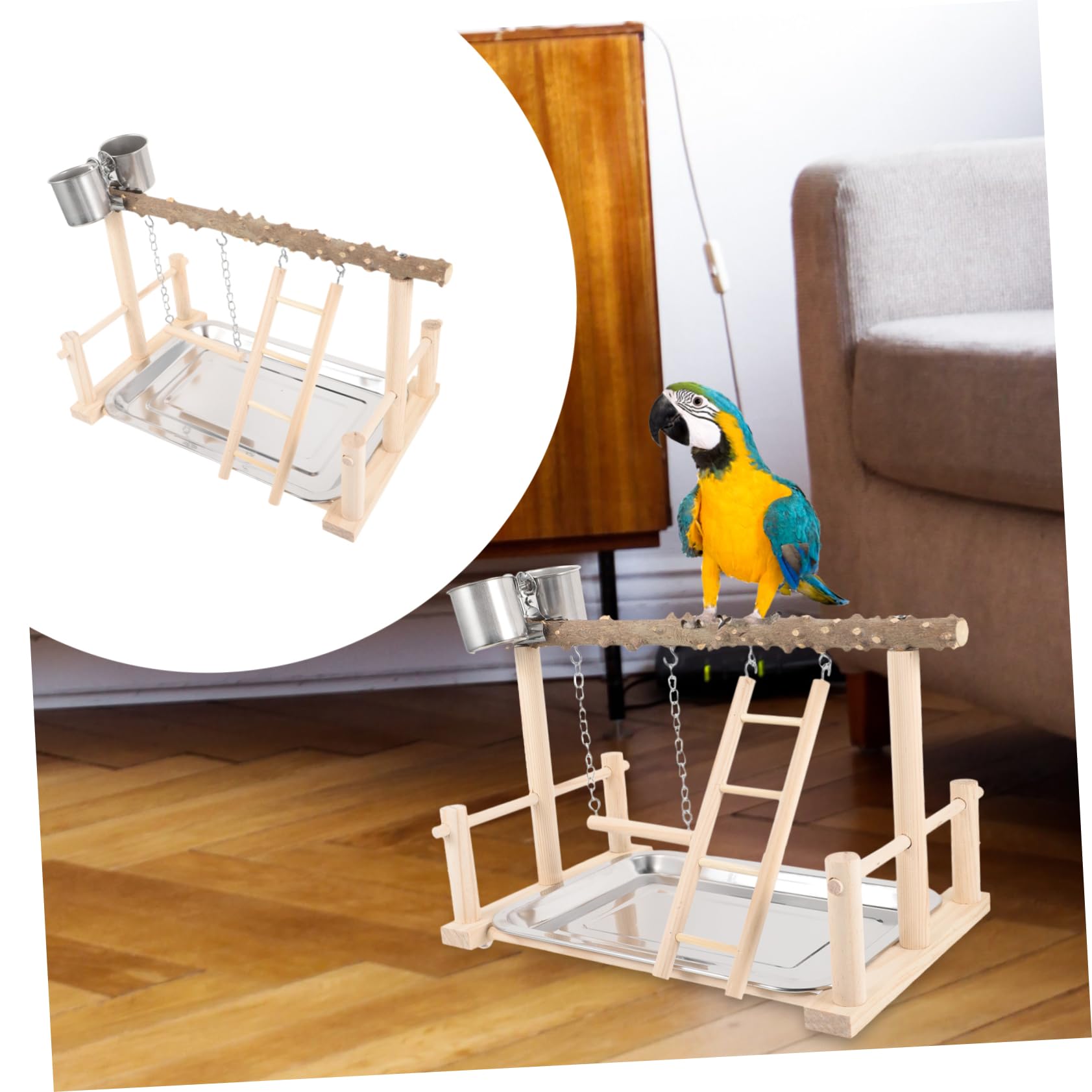 Beavorty Soporte de Madera para Loros Columpio, Taza Doble de Comida y Escalera, Plataforma de Percha para Aves Que Mejora Coordinación y Equilibrio