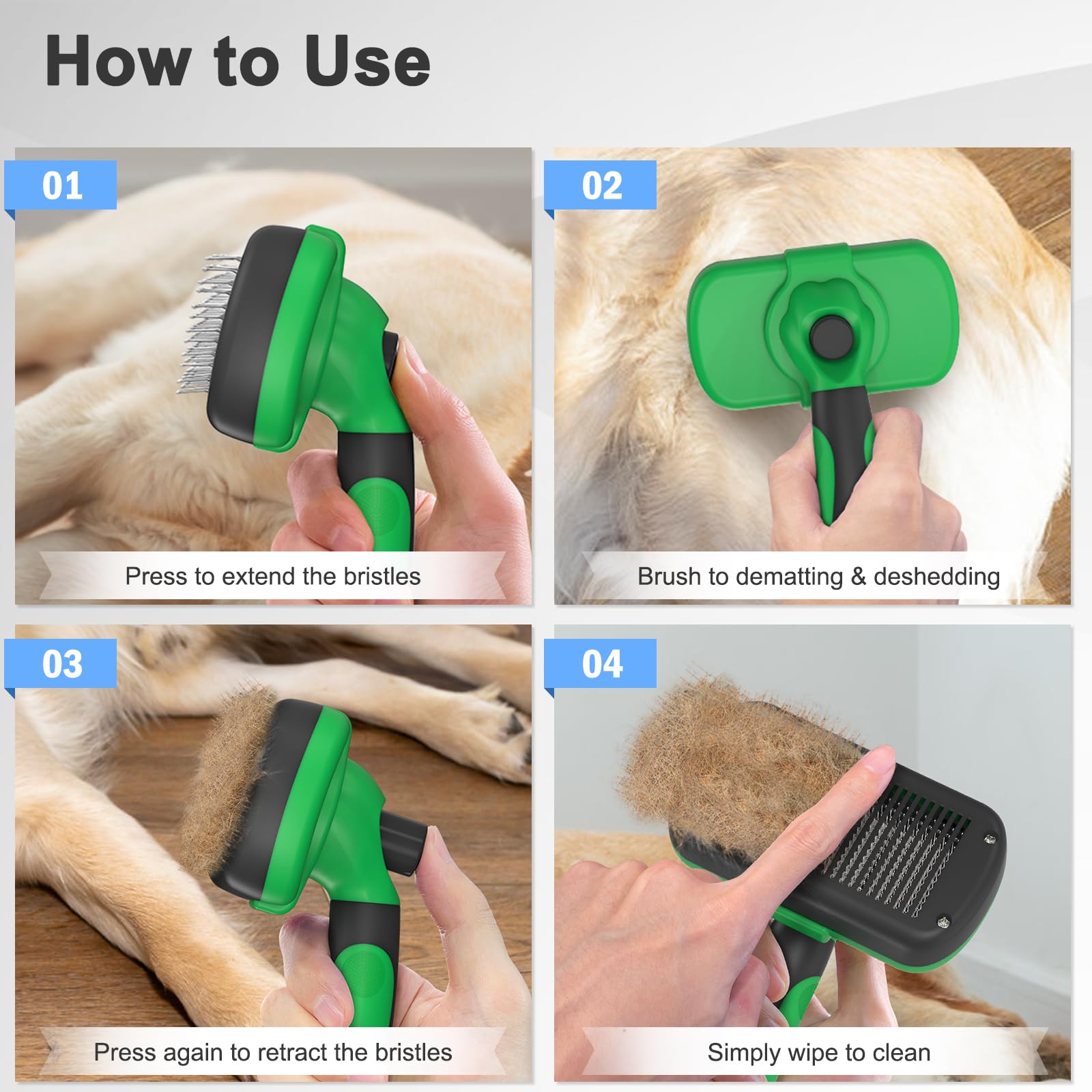 Dipoo Cepillo autolimpiante para perros y gatos, cepillo para gatos que no daña la piel, cepillo de aseo para perros, cepillo para quitar el pelo, cepillo para cachorros para perros peludos, verde