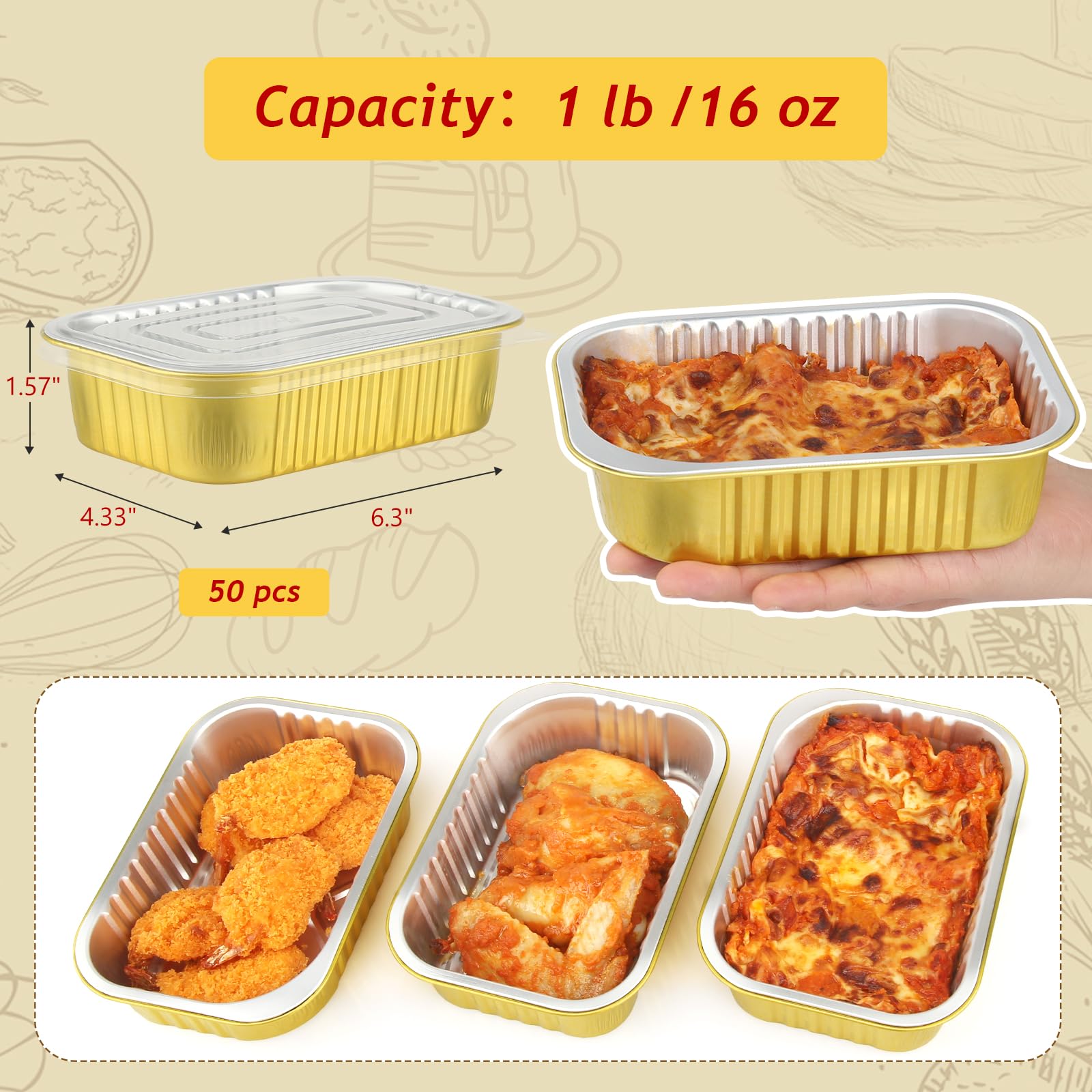 LNYZQUS 1lb Small Foil Pans With PP Lids 50 Pack, 16oz Heavy Duty Aluminum Leftover Containers Holders,Disposable Baking Tins To Go Containers For Cooking Heating Storing Meal Prep