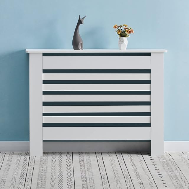 OFCASA Radiator Cover Medium White Painted Radiator Cover Horizontal Slatted Grill Wood Heating Cabinet for Living Room Bedroom Hallway 109cm