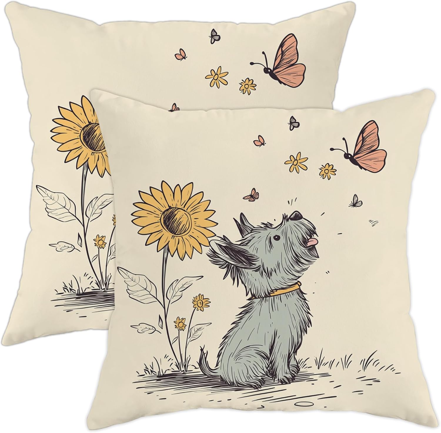 Cute Scottish Terrier Dog Pillow Covers 16x16 Set of 2, Comfy Sunflower Plant Floral Printing Velvet Pillow Cases Kit with Zipper, Pet Decor for Sofa Living Room Bed