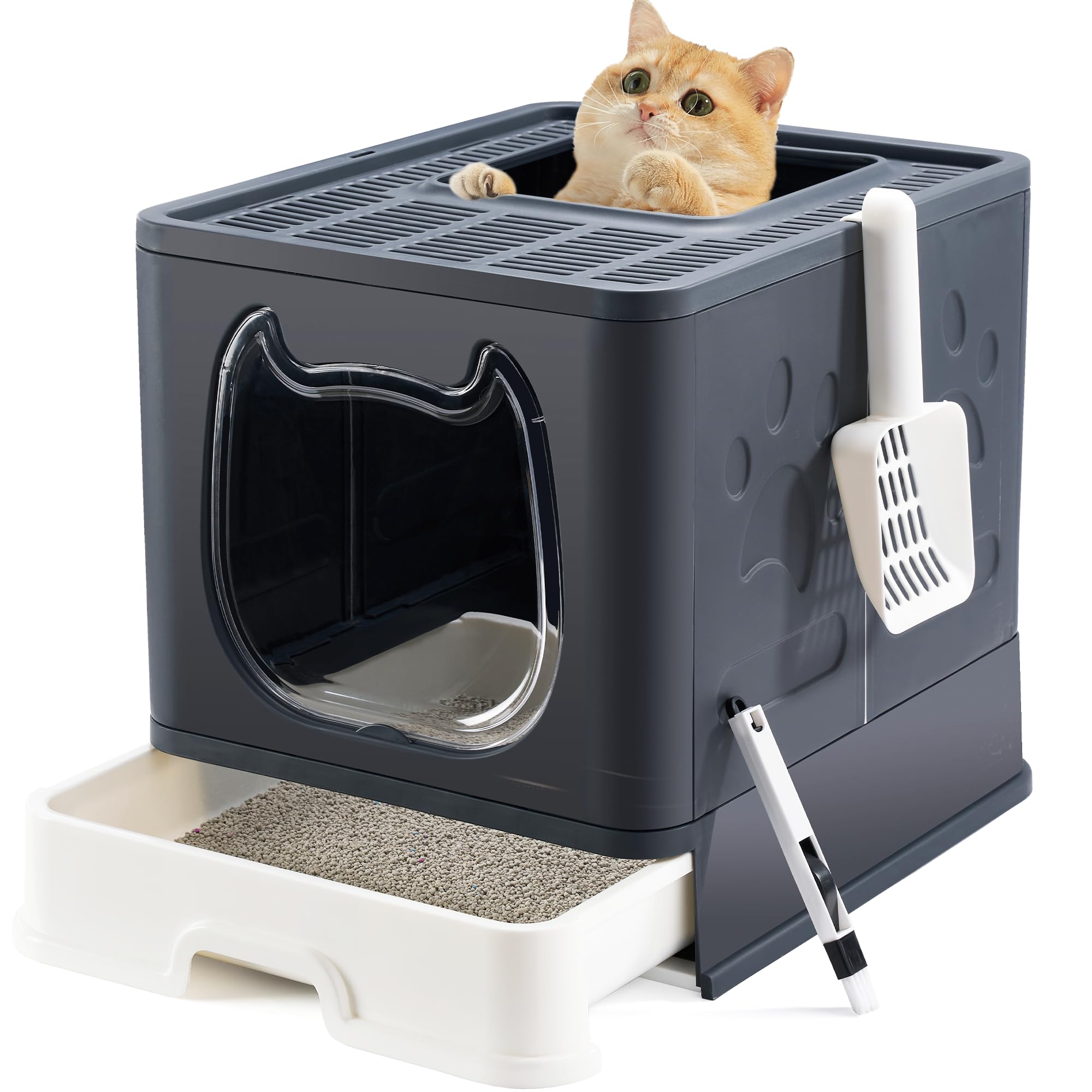 Vealind Covered Cat Litter Box with Lid Top Enter Foldable Kitty Boxes(Black)