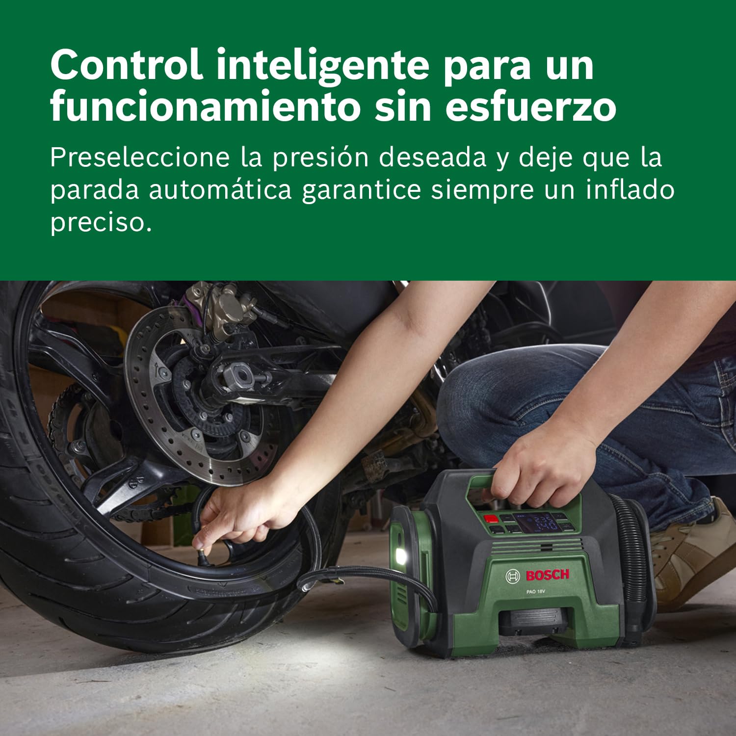 Bosch compresor de aire a batería PAO 18V (infla desde neumáticos a inflables grandes; clip aire comprimido válvula de neumáticos, válvula francesa, boquilla balones, adaptador volumen incl.)