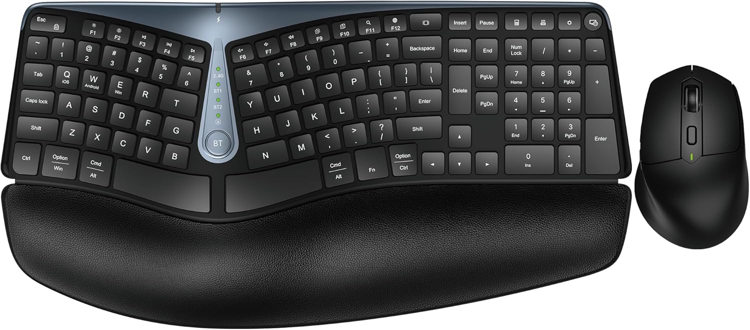 Ergonomic Wireless Keyboard and Mouse, MK835 Ergo Bluetooth/2.4G Split Design Keyboard Mouse Combo with Cushioned Palm Rest, Multi-Device, Wave Keys, Rechargeable, for Windows/Mac/Android