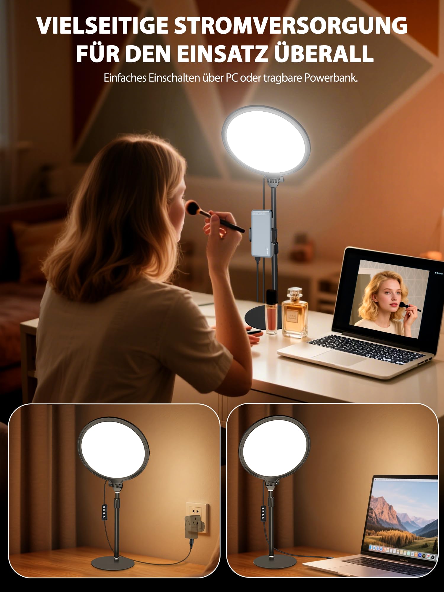 10 Zoll Desktop-Selfie-Licht für Konferenzen, 10 W dimmbares Tisch-Videolicht für Zoom-Meeting, Vollbild-Ringlicht mit Ständer & Telefonhalter für Telefon/Laptop/Computer/Mikrolandschaft