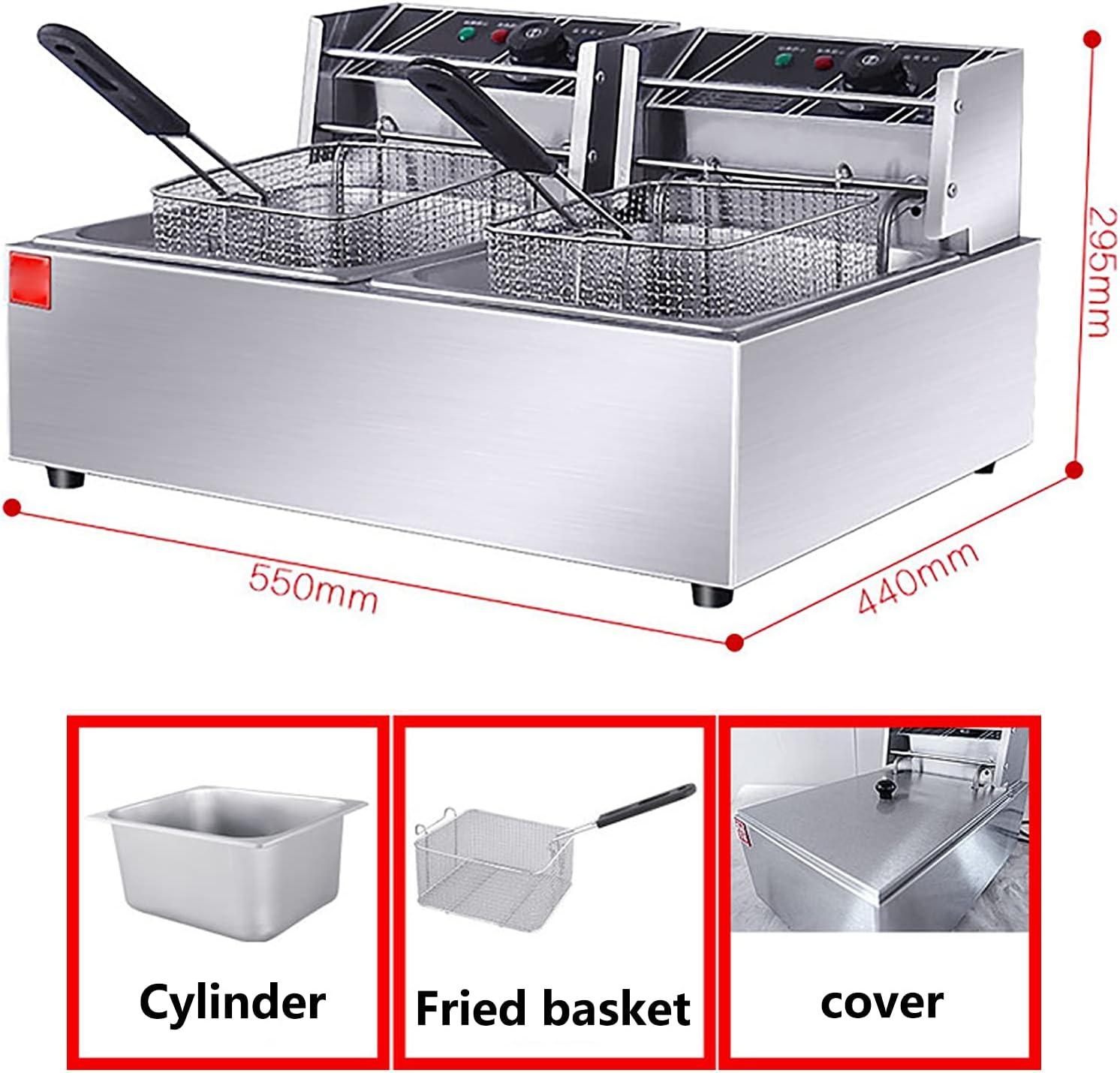12L Commercial Deep Fryer with Grease Temperature Control Removable Oil Container Double 6L Fryer Stainless Steel Basket for Home Restaurant Kitchen 2500W