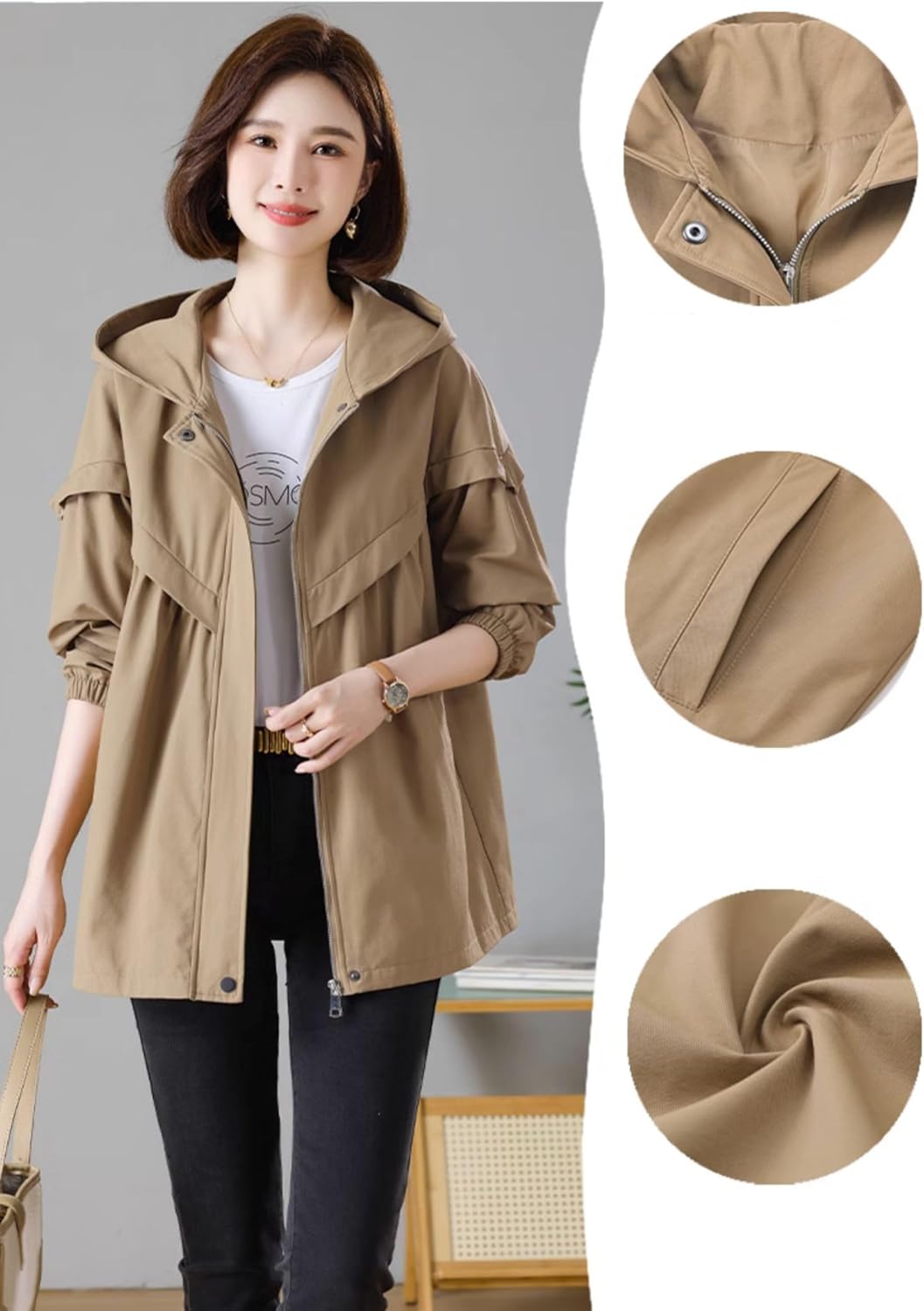 [ＰＰＥＩＲＥＥ] トレンチコート レディース 長袖 フード付き ジャケット 大きいサイズ 防風 アウターカジュアルコート ゆったり