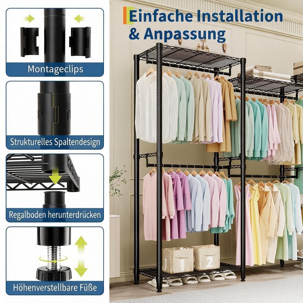 Schwerlast Kleiderständer mit Regalböden, freistehendes offenes Metall-Kleiderschranksystem - 4 Kleiderstangen, 6 verstellbare Ablagen, modular - bis 1430 lb - Schwarz