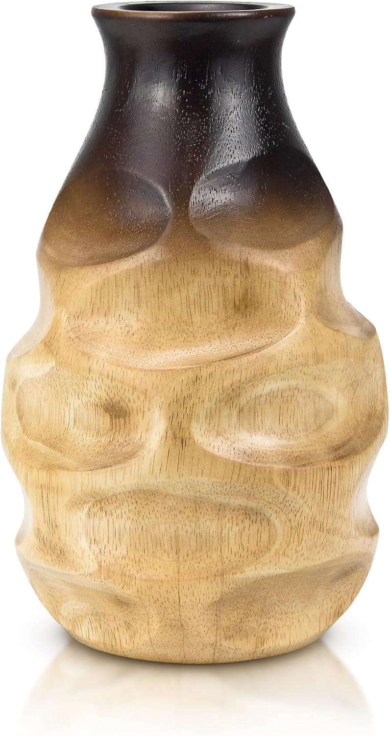Handmade Ombre Mango Wood Vase – 8-Inch Brown Bottle-Shaped Decorative Accent – Rustic Artisan Flower Vase for Dried or Artificial Flowers – Sustainable Boho Tabletop Decor