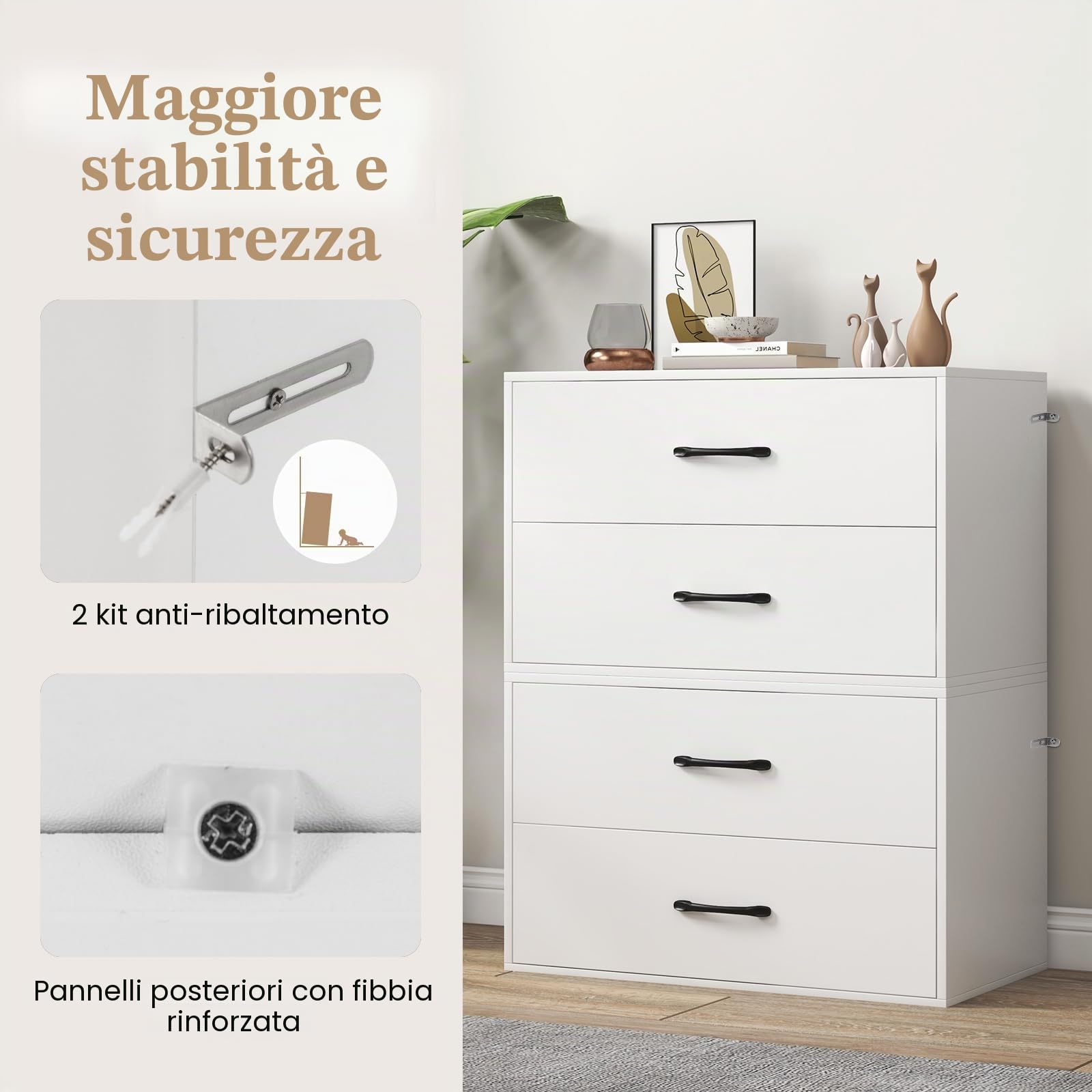 KOMFOTTEU Cassettiera con 2 cassetti, dispositivo antiribaltamento, piccolo mobile in legno, per camera da letto, soggiorno, ufficio, comodino, 60 x 34 x 38 cm (bianco)