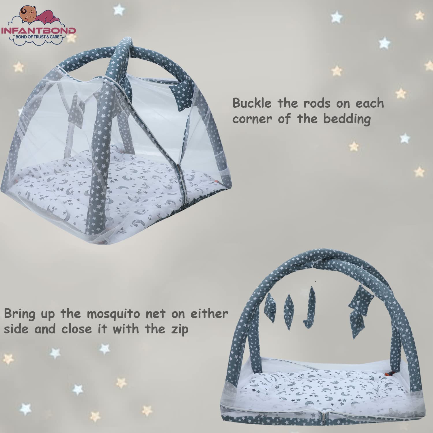 Infantbond 100% Cotton New Born Baby Bedding Play Gym Mattress with Net | Bedding Set for Newborn | Baby Bed | Portable | Travel(0-6 Months) (Grey Moon), Casual - Image 4 thumbnail