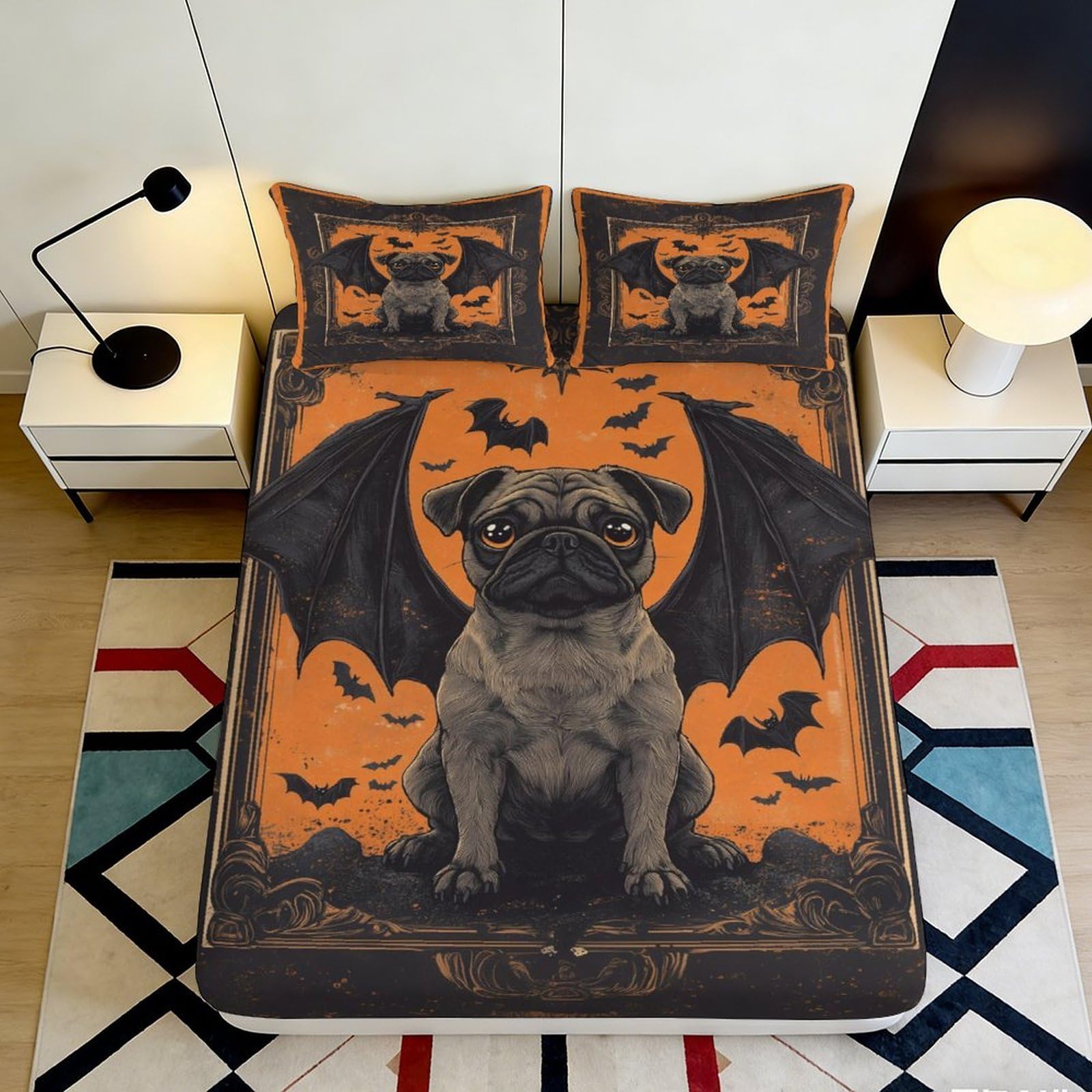 Pnayamiorkfel Style-10 3D Printed Halloween Bat Pug Fitted Sheet Microfiber Soft Orange Gothic Dog Mattress Cover For Bedroom Decor 90X200x25cm