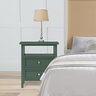 Weston Vintage Green 2 Drawer Nightstand - Solid Wood+MDF Antique Green - French Dovetail Joinery & Metal Ball Bearing Glides - Bedroom & Living Room - Vintage Charm