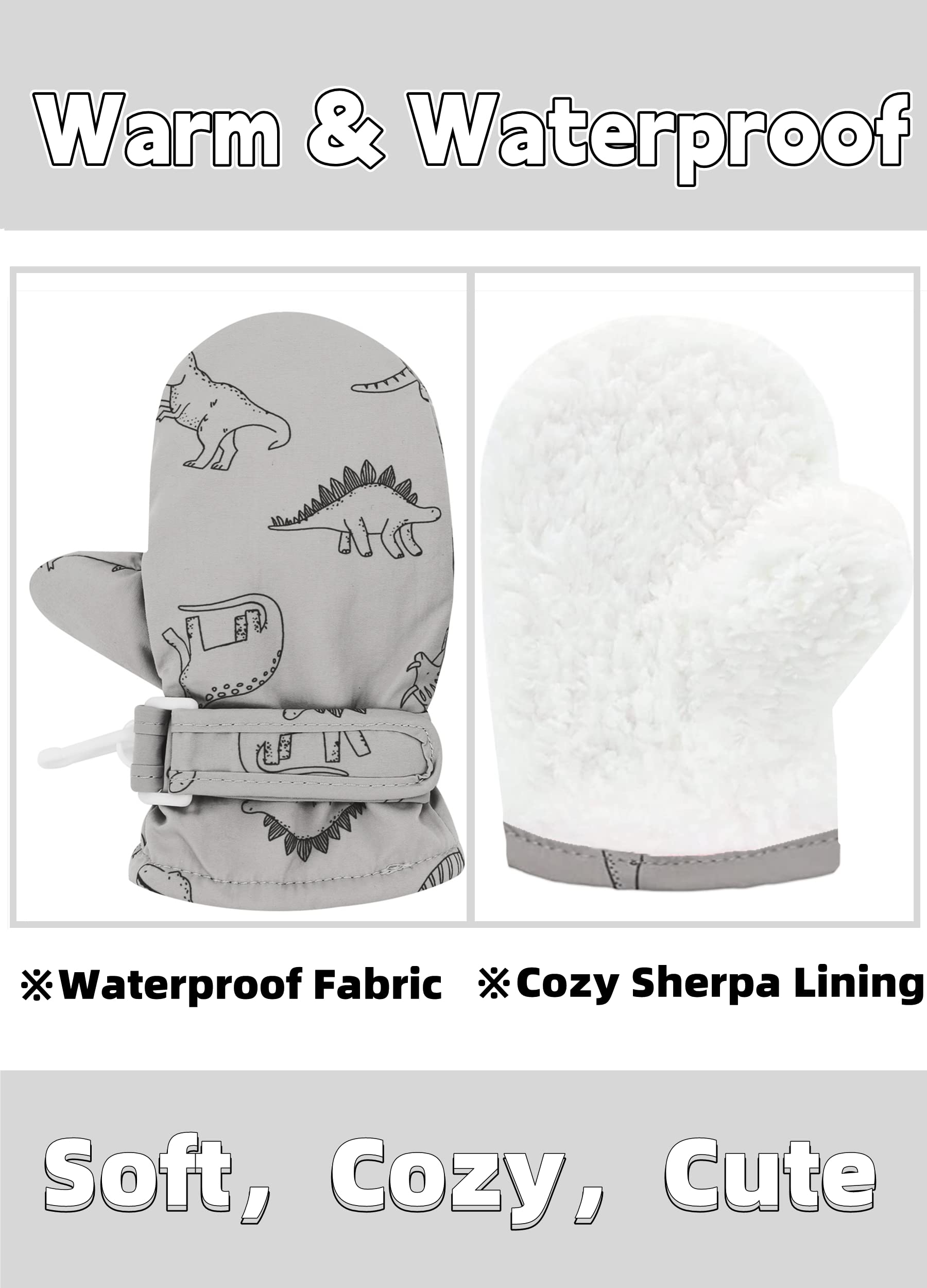 Slivery Color Toddler Mittens Kids Winter Warm Gloves Lined Fleece Gloves Waterproof Snow Baby Mitten for Boys Grey Dinosaur 2-4T