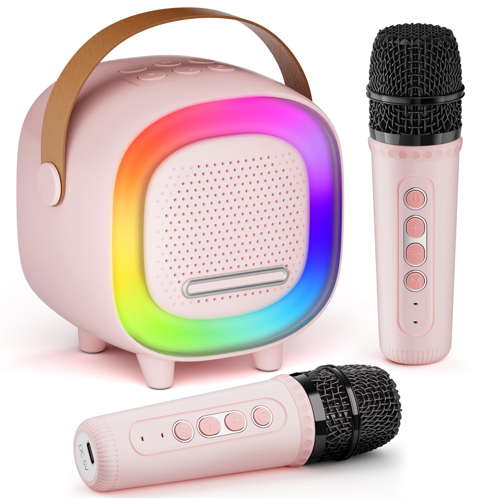 Mini Karaoke dla Dzieci i Dorosłych, 7 Trybów Efektów Dźwiękowych 6 Trybów Podświetlenia, Przenośny Głośnik Bluetooth z 2 Mikrofonami Bezprzewodowymi, Prezenty Świąteczne i Urodzinowe