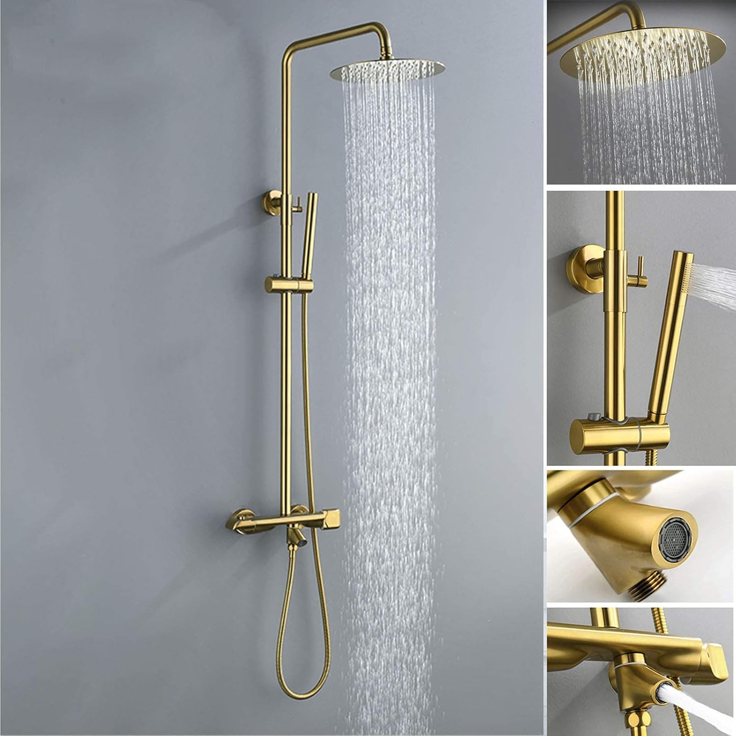 LUNEZY Thermostatic Shower System Gold, Rainfall Shower Head Set with Hand Shower, Wall Mount Exposed Shower Faucet Set, Brass Bathtub Faucet Set
