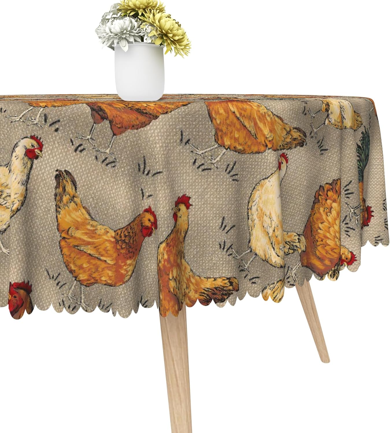 Rooster Round Tablecloth 70 Inch Rooster Hen Farm Fabric Table Cloth Wrinkle Resistance Polyester Fresh Chicken Rustic Table Cover for Farmhouse Countryside Kitchen Party Decoration - Image 5