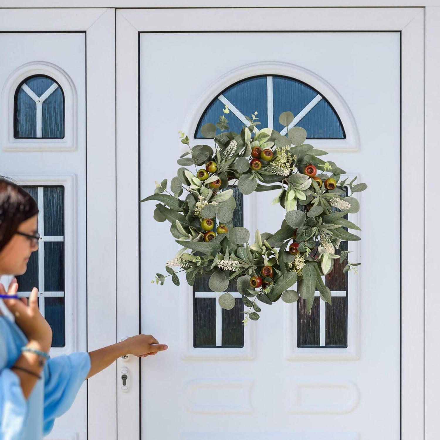 22IN Spring Summer Eucalyptus & Berry Wreath with Realistic Lamb's Ear Leaves. Seasonal Greenery Decor for Front Door, Wall, and Year-Round Celebrations.