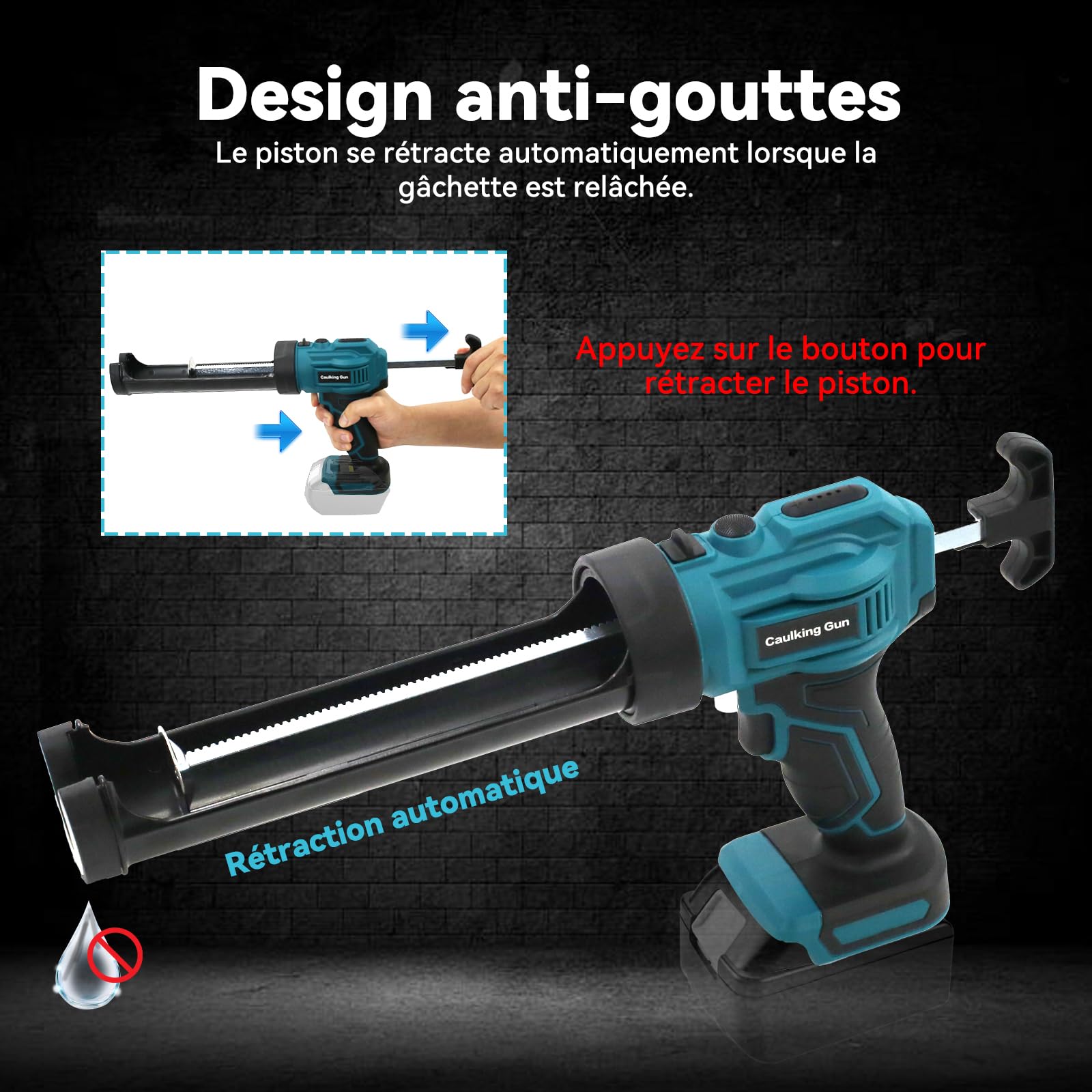 Pistolet à cartouche électrique rechargeable 300ml Compatible avec Makita 18V – Pistolet à silicone électrique avec 4 vitesses et éclairage LED, presse à cartouche pour sceller et mastic (sans