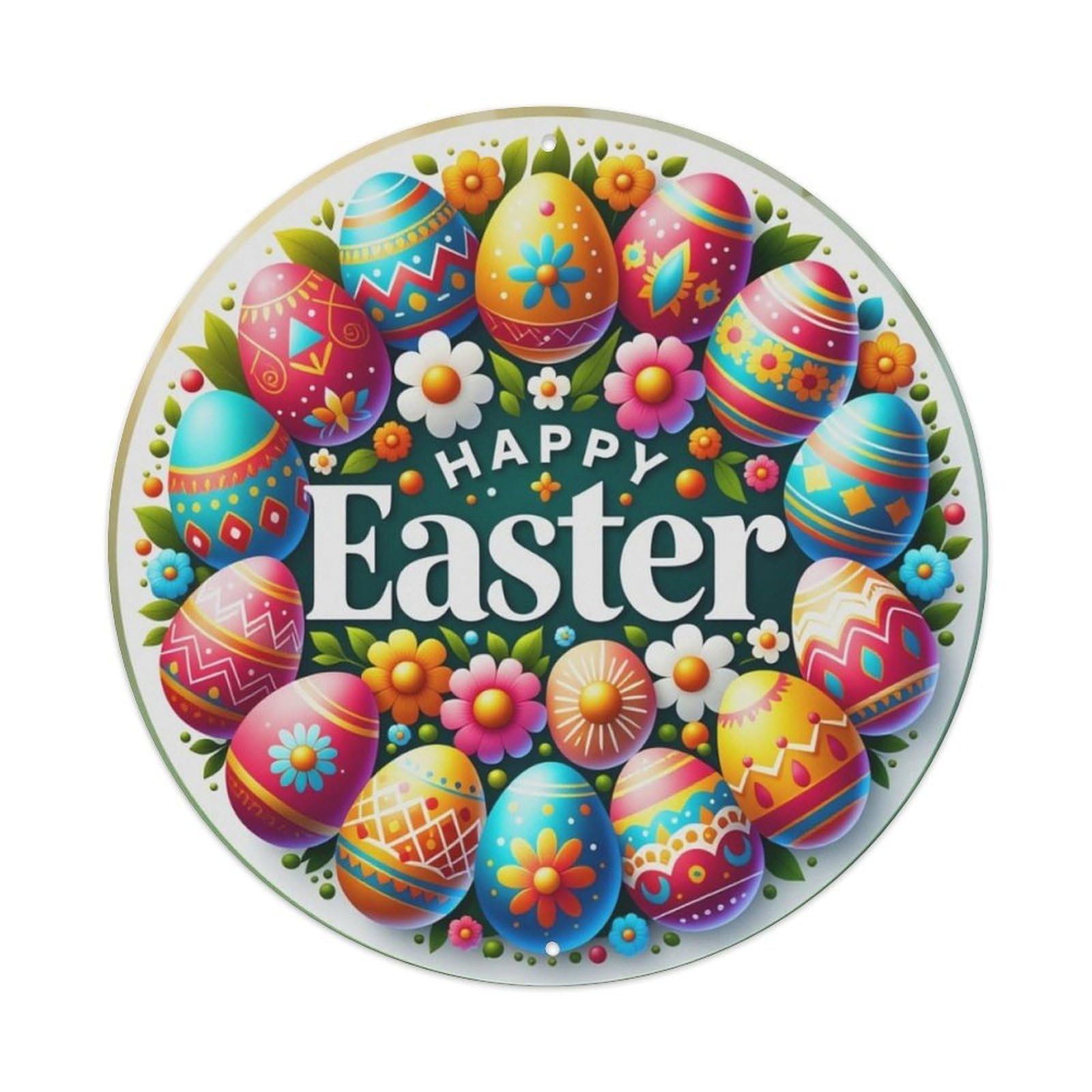Happy Easter Egg Floral Round Metal Sign Vintage Aluminium Metal Sign, Retro Wall Decor for Home, Bar, Garage & Farmhouse 20x20cm