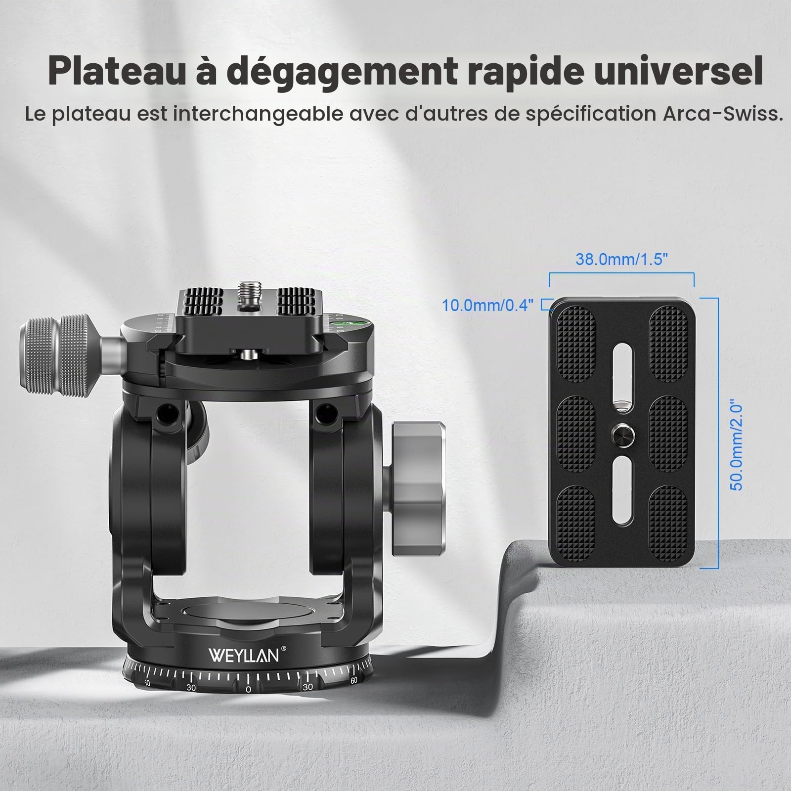 WEYLLAN Tête de trépied VH7 pour appareil photo avec plaque Arca Swiss Quick Release Plate, Fluid Head Trépied pour appareil photo reflex numérique, trépied panoramique en métal, tête fluide, charge