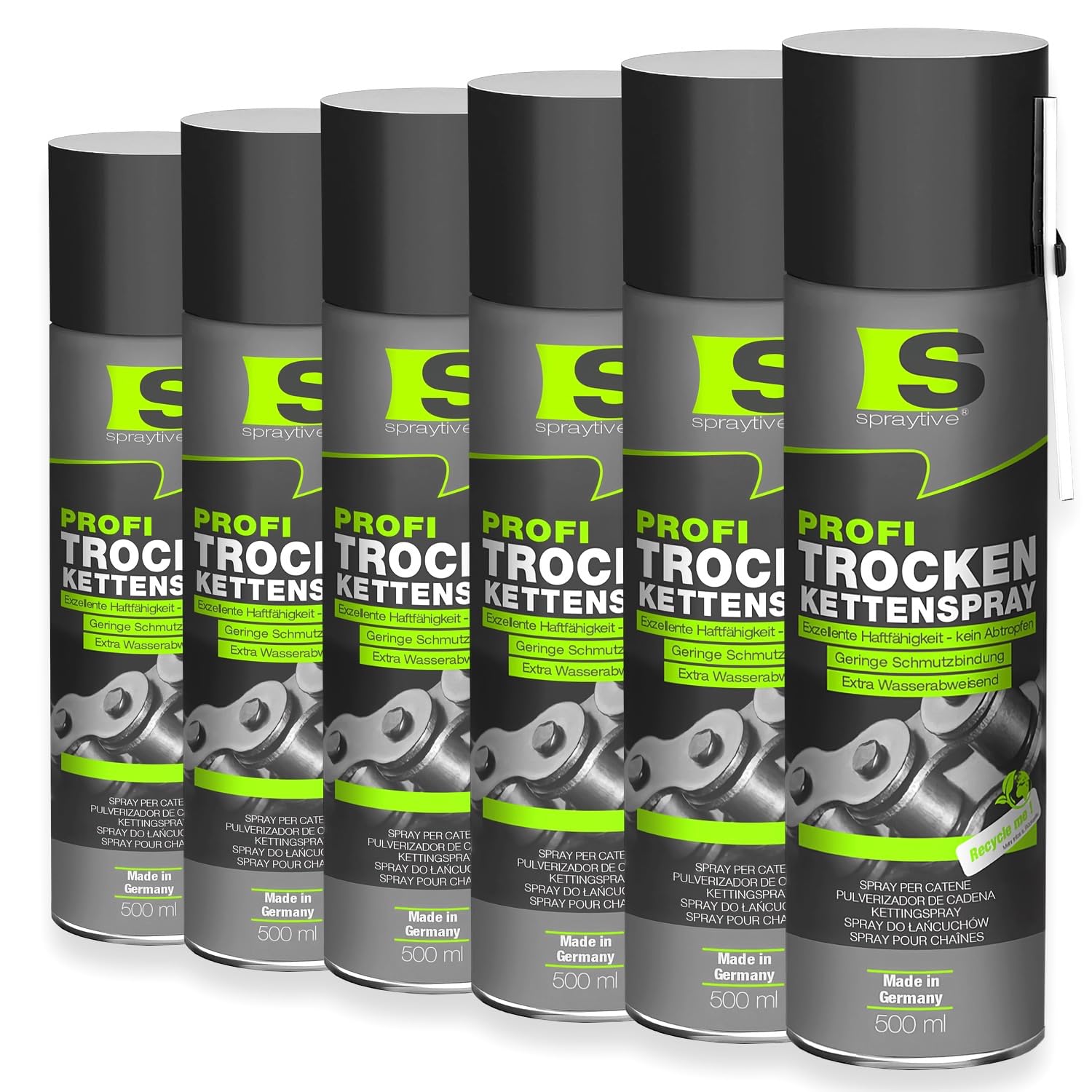 Spraytive 6 x 500ml Profi Trockenkettenspray – Kettenspray mit PTFE, Kettenfett für Fahrrad, Motorrad, Maschinen & Zahnräder – haftstark – kein Abschleudern – Allwetterschutz - Made in Germany