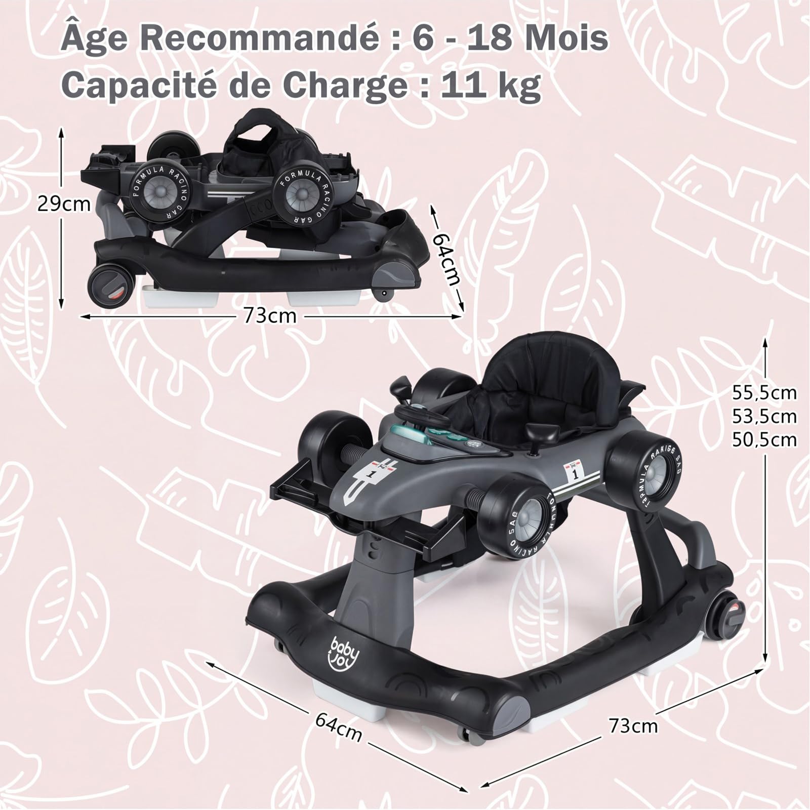 COSTWAY Trotteur Bébé Garçon Pliable 4 en 1 avec 3 Hauteur Réglable, Trotteur Marche Bébé Garçon Évolutif avec Musique & Lumière, Roues Silencieuses, 5 Patins Antidérapants (Gris Foncé)