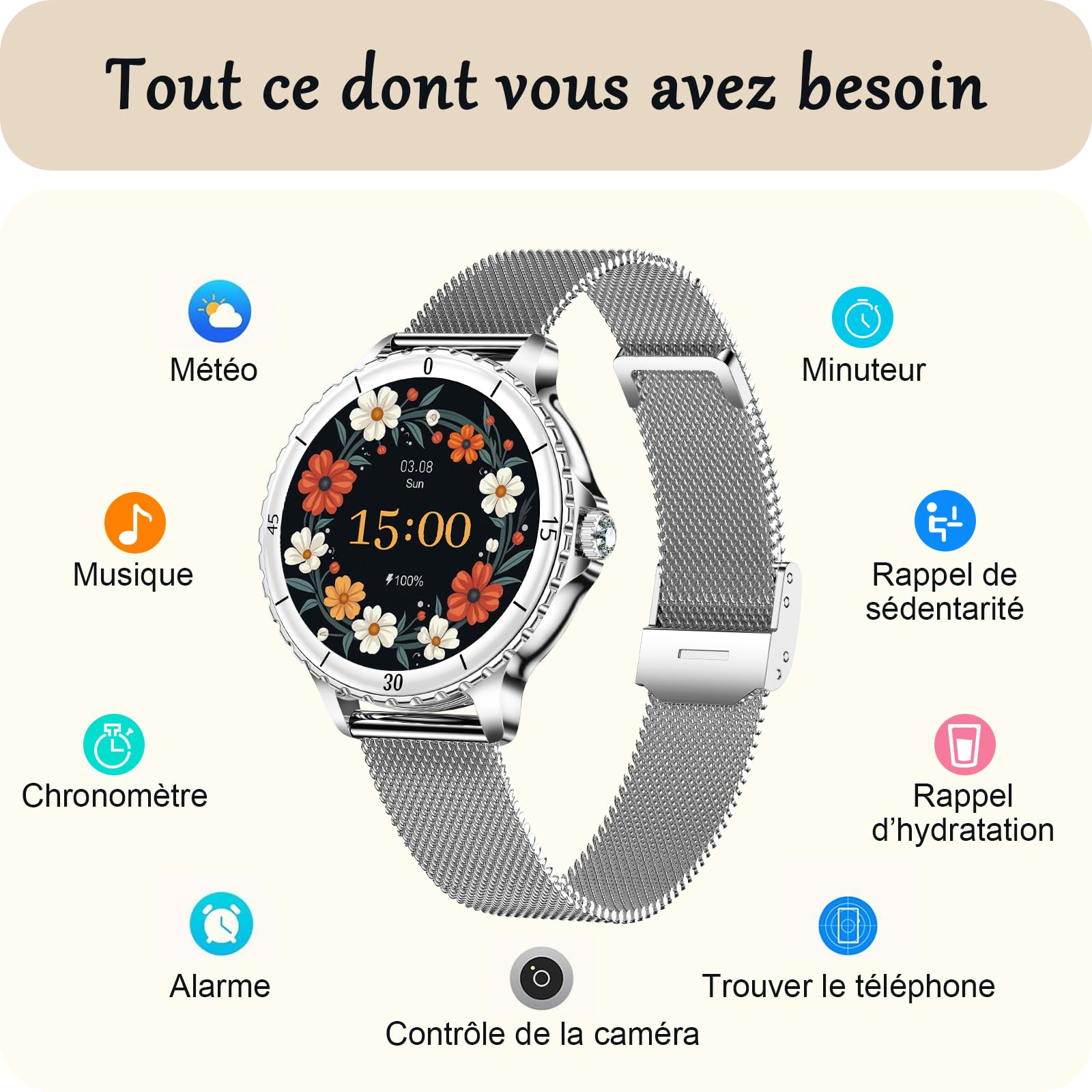 Montre Connectée Femme avec Appel Bluetooth, 1,27" Smartwatch avec Fréquence Cardiaque/SpO2/Sommeil Montre, 120+ Mode Sportifs Montre, IP68 étanche Fitness Podomètre Compatible pour Android iOS