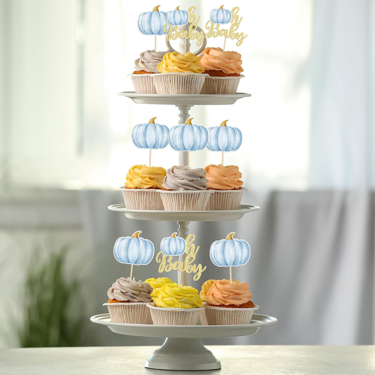 Gyufise 24Pcs Pumpkin Oh Baby Cupcake Toppers - Orange Glitter Fall Theme Picks For Baby Shower, Thanksgiving, Halloween