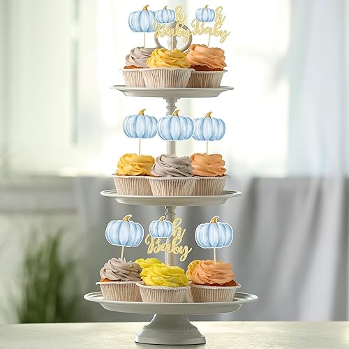Miniatura 7 de Gyufise 24 piezas de calabaza Oh Baby Cupcake Toppers Blue Fall Pumpkin Cupcake Picks Baby Shower decoración de pastel de calabaza temática de