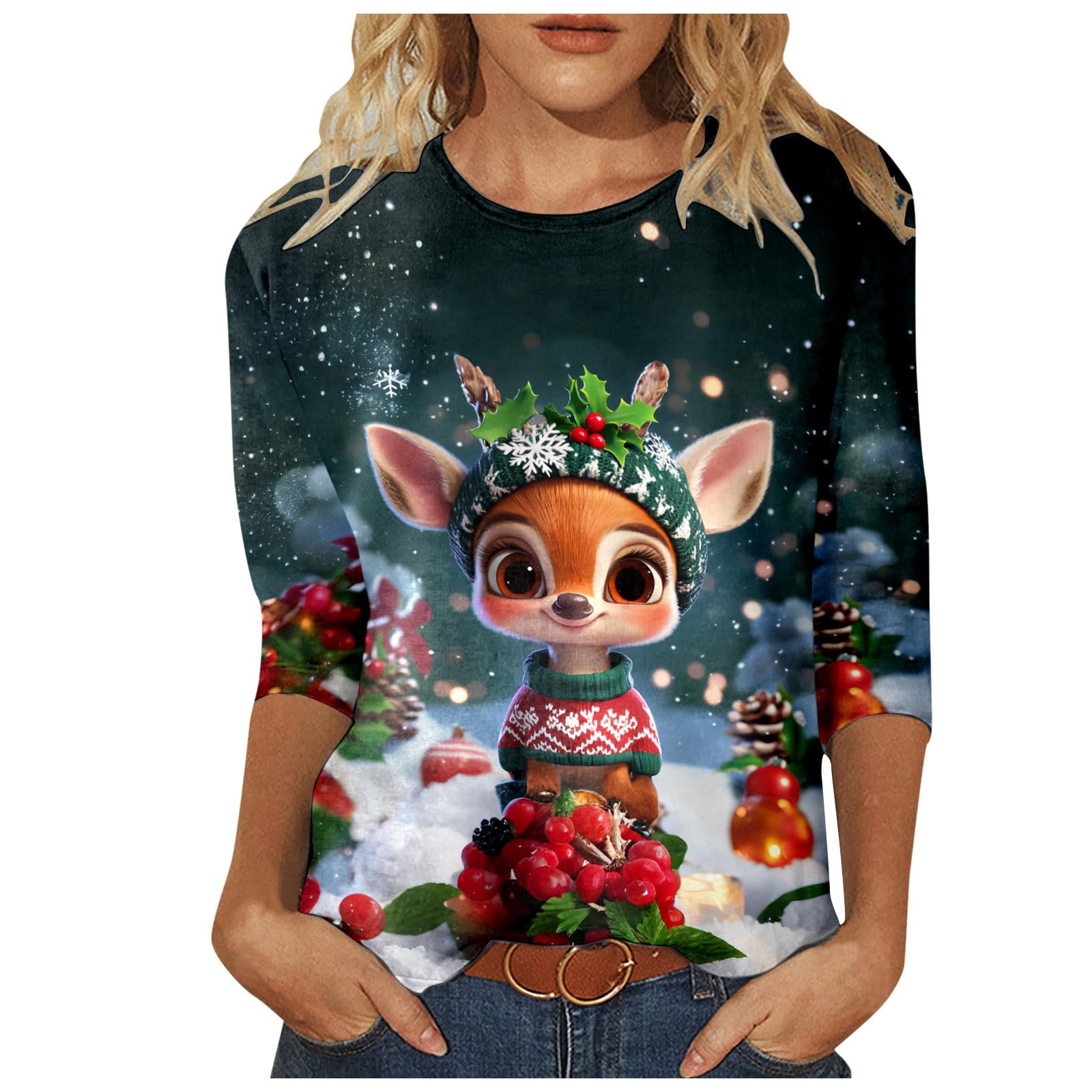 Women's Christmas Red Wine Glass Printed Round Neck Three Quarter Sleeve Casual T Shirt Top Women Tops And Blouses