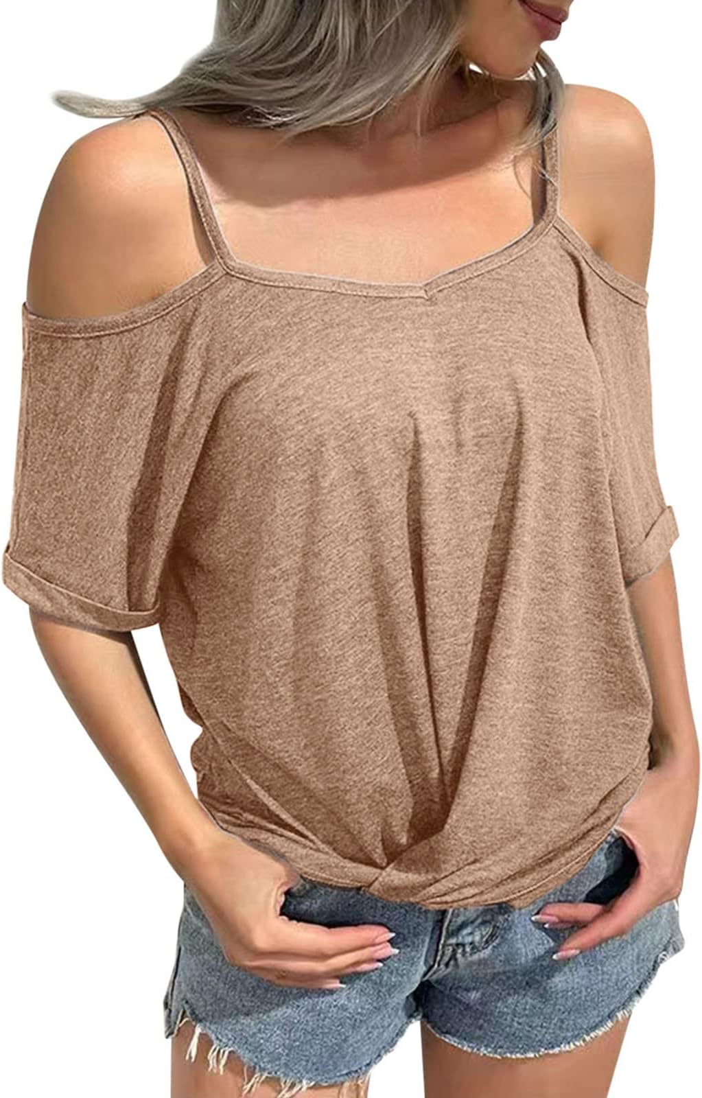 Women's 2024 Summer Tops, Off Shoulder Top for Womens Causal Blouse Cold Shoulder Camisole Short Sleeve Tee Shirts Over Shirt Women Elegant Casual Loose Summer Blouse T Shirts