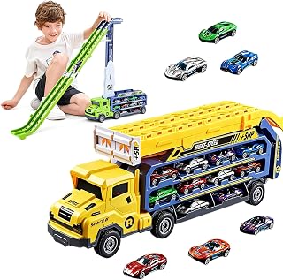 3in1 折りたたみ式二層 変形トラック レースゲーム 車 おもちゃ 建設車両セット ダイキャスト ミニカー 6台セット 収納車 はたらくくるま 男の子 誕生日プレゼント クリスマス(イエロー)