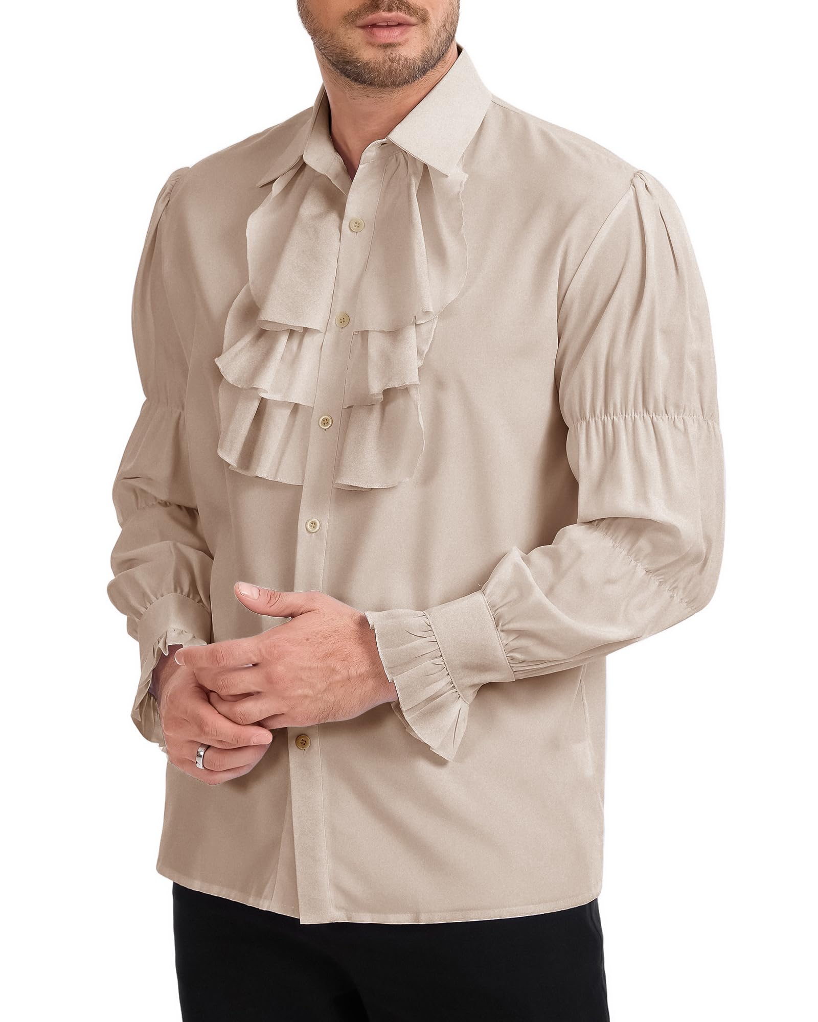 YAOHUOLE Mens Renaissance Shirt Ruffled Victorian Pirate Costume Gothic Steampunk Shirt Khaki L