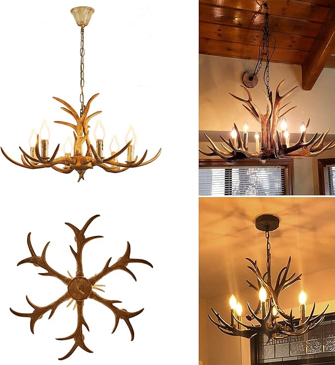 panfudongk Kroonluchter kroonluchter hertengewei lamp hanglamp hanglamp | retrostijl | verstelbare hoogte 75-100 cm | 6 E14 gloeilampen photo 2