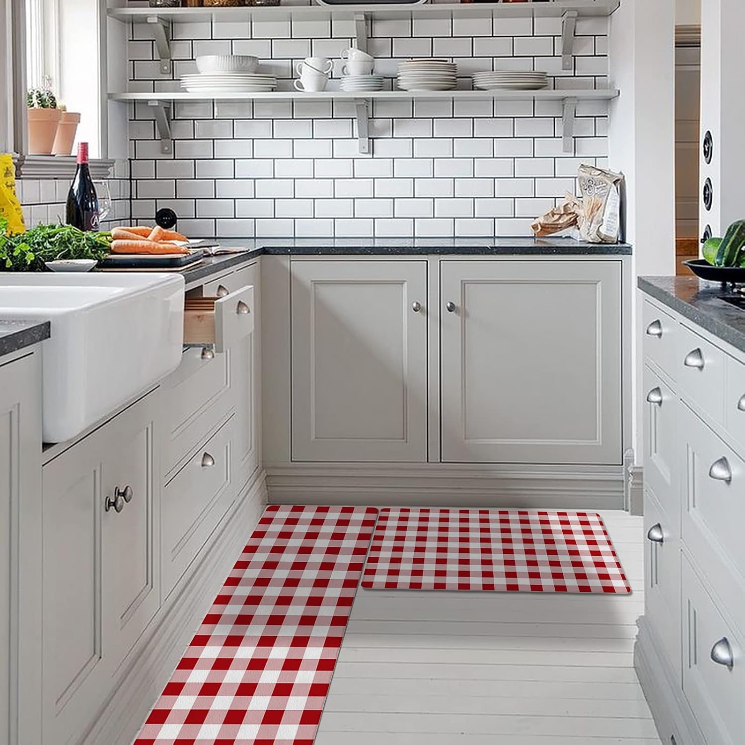 Arts Pirnt Kitchen Mat Set of 2 Rustic Red and White