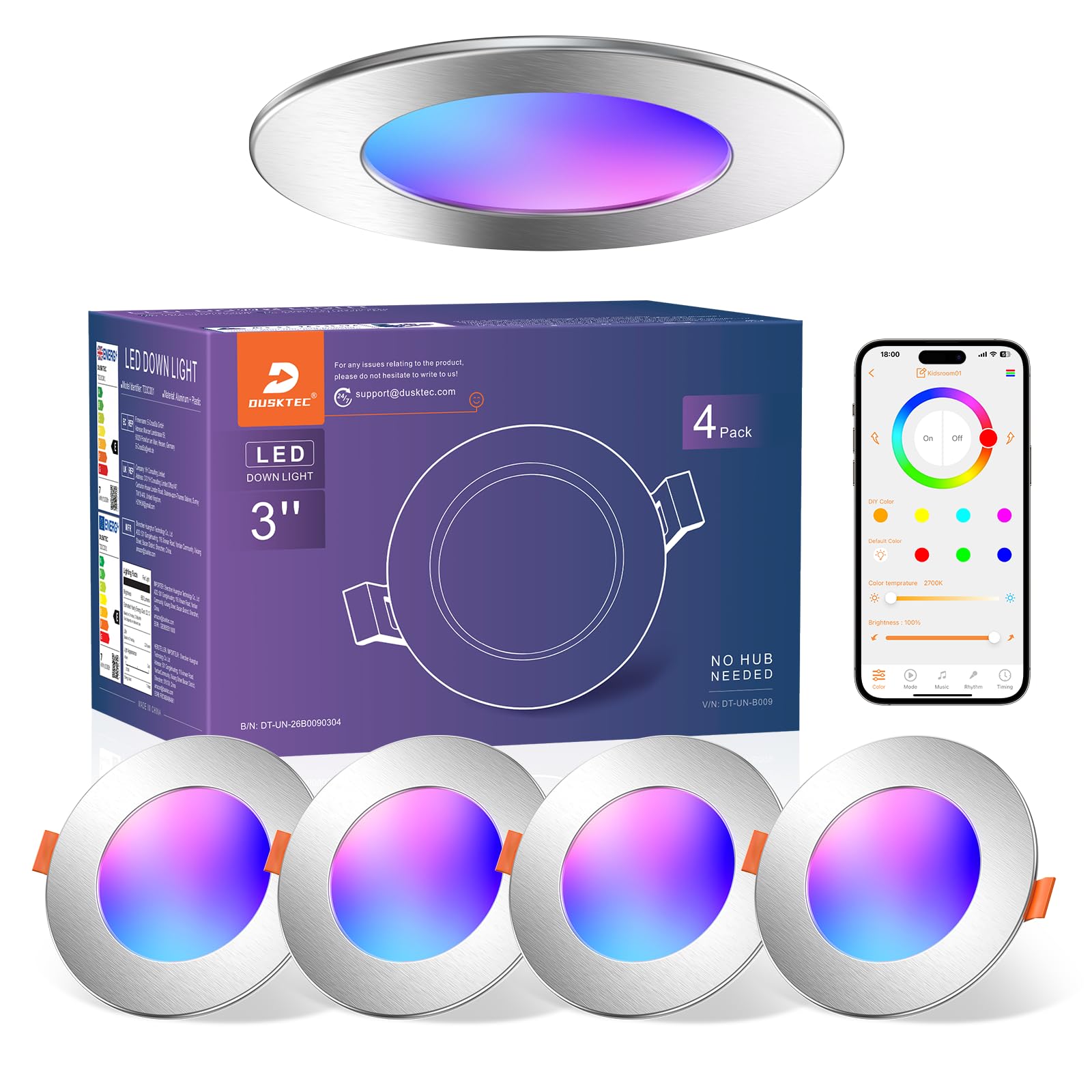DUSKTEC Downlights for Ceiling, RGB Colour Spot Light Compatible with Alexa, 2700K-6000K, 7W Warm White to Cool White Dimmable Recessed Lights,Smart LED Spotlights with APP & Voice Control, Silver — image 1