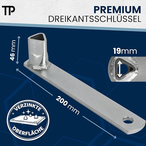 TP Europe Dreikantschlüssel - Durchmesser 19mm - M12 - Pollerschlüssel für absperrpfosten - 3 kant schlüssel/feuerwehrschlüssel - DIN 22417 | Pfostenschlüssel, Pollerschlüssel - verzinktes Metall. - 2