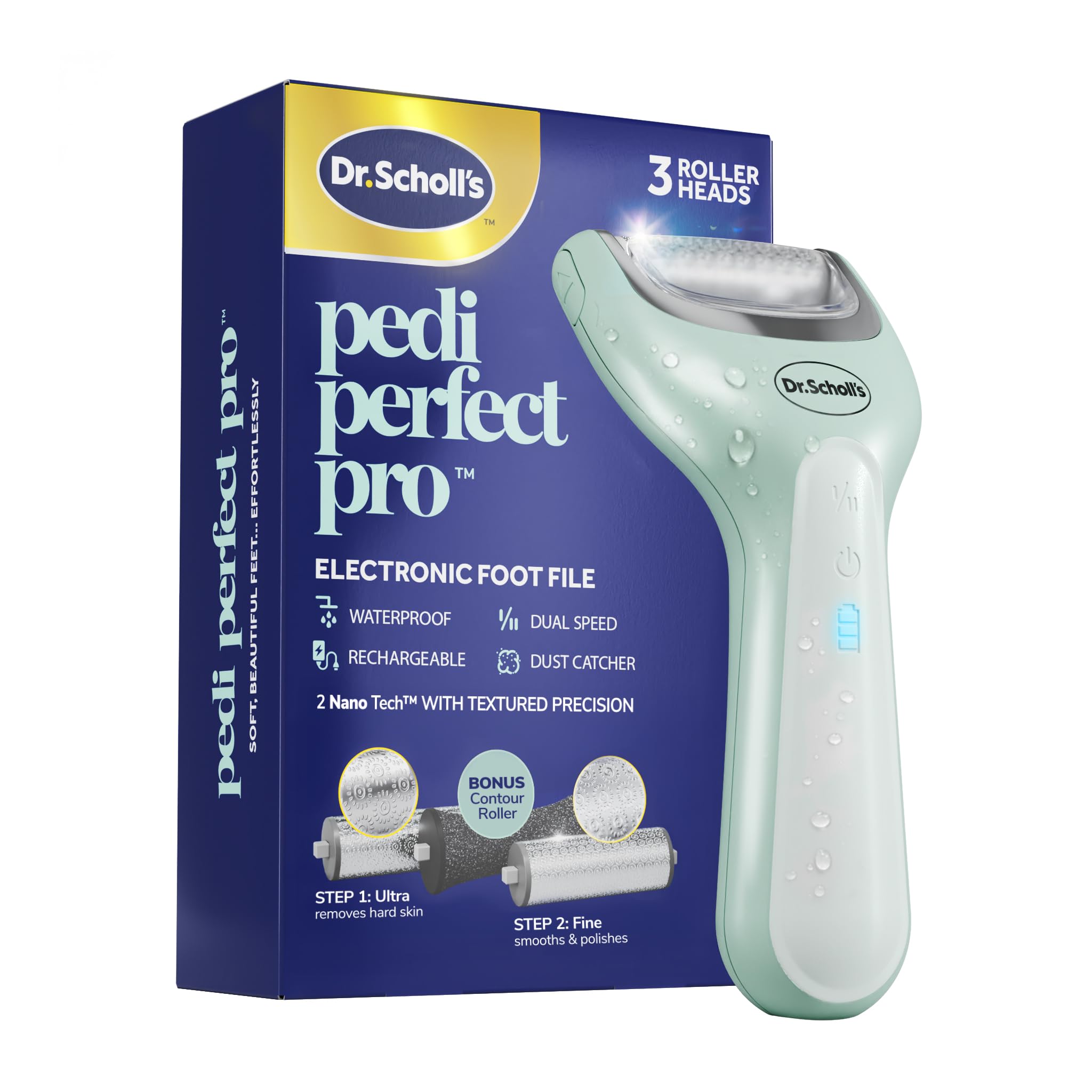 Dr. Scholl's Pedi Perfect Pro Electric Foot Callus Remover with x3 Roller Heads, Waterproof, Rechargeable - Removes Hard Skin for Soft Beautiful Feet, 90-Minute Run Time, Dust Catcher, Pedicure Tools
