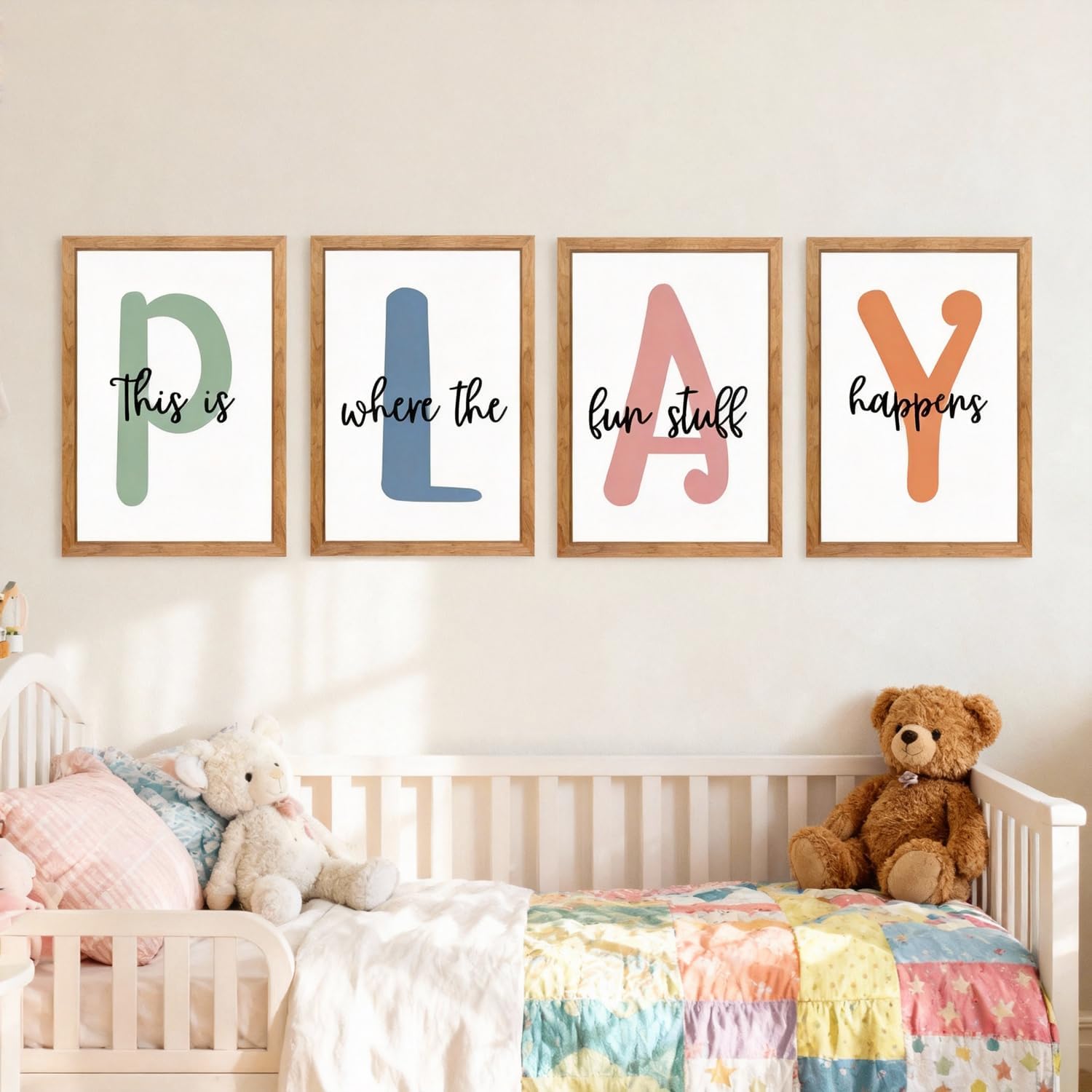 Cute Alphabet Play Framed Wall Art Set of 4, Educational Alphabet Wooden Sign for Baby Girl Kid Boy Toddlers, Neutral Boho Preschool English Letters Nursery Decor for Homeschool Playroom Daycare Natural